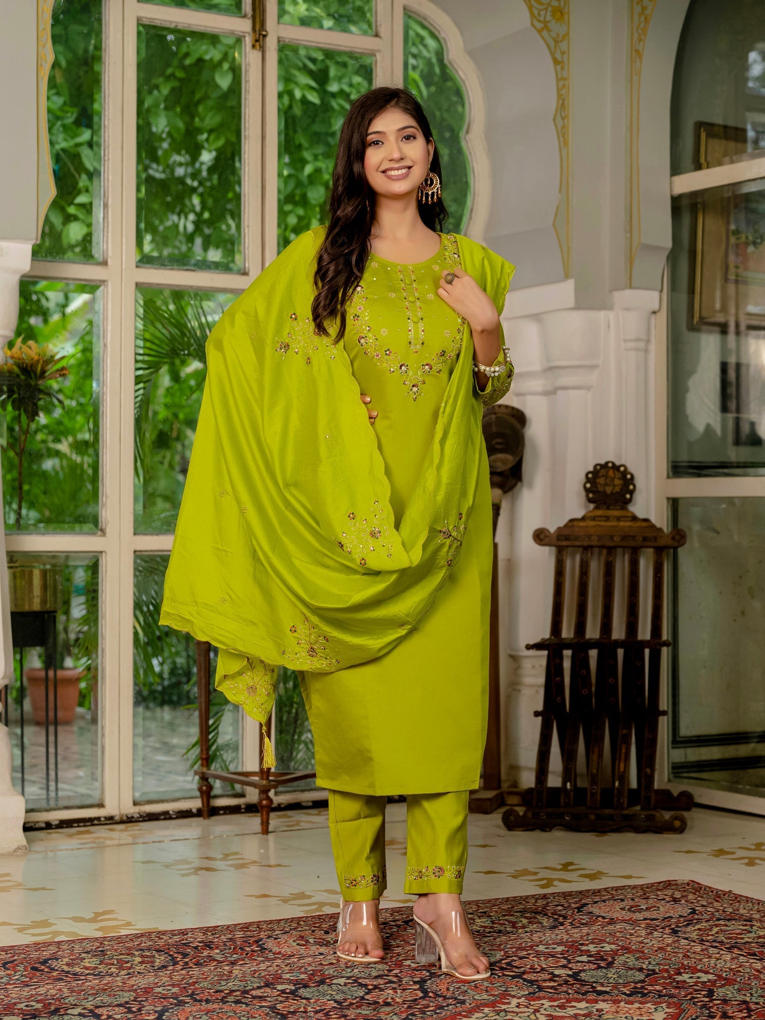 Lorenvalley Fashion Parrotgreen Marina Silk Multi Embroidery Thread,With Hand Work Kurta Pant Dupatta 