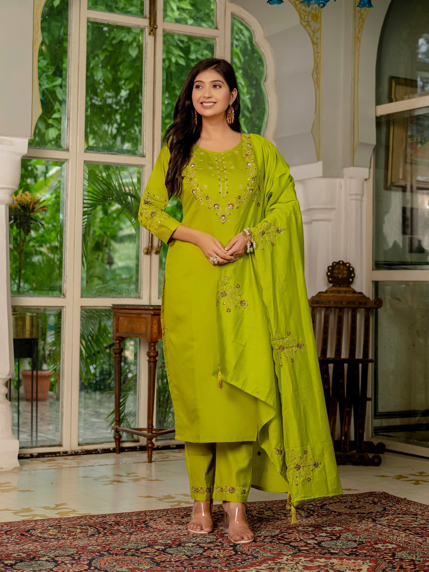 Lorenvalley Fashion Parrotgreen Marina Silk Multi Embroidery Thread,With Hand Work Kurta Pant Dupatta 