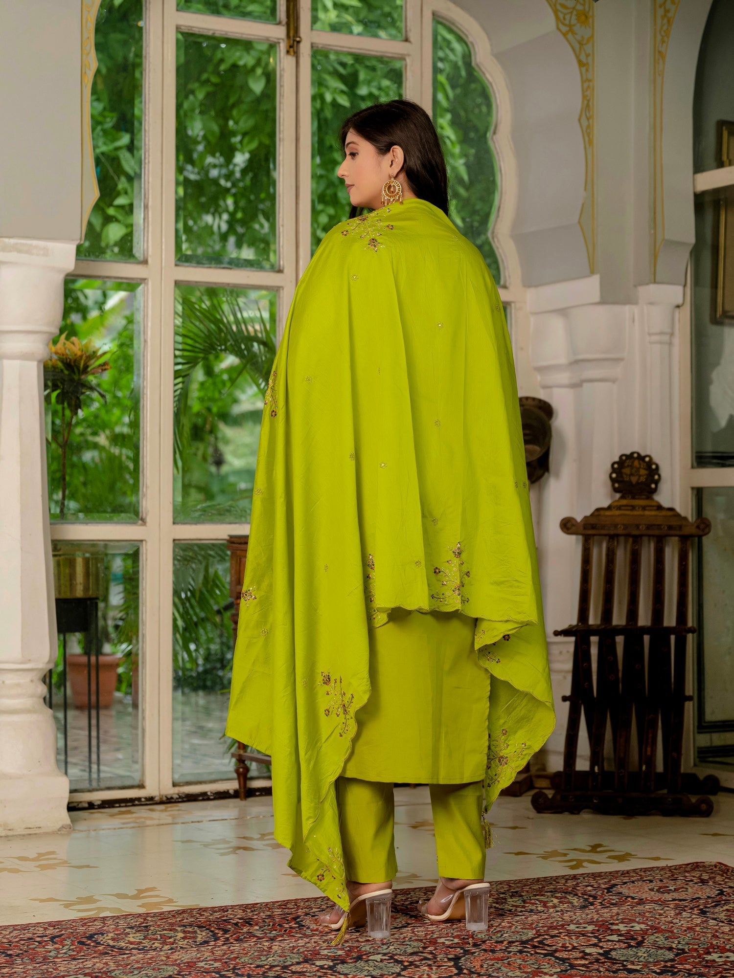 Lorenvalley Fashion Parrotgreen Marina Silk Multi Embroidery Thread,With Hand Work Kurta Pant Dupatta 