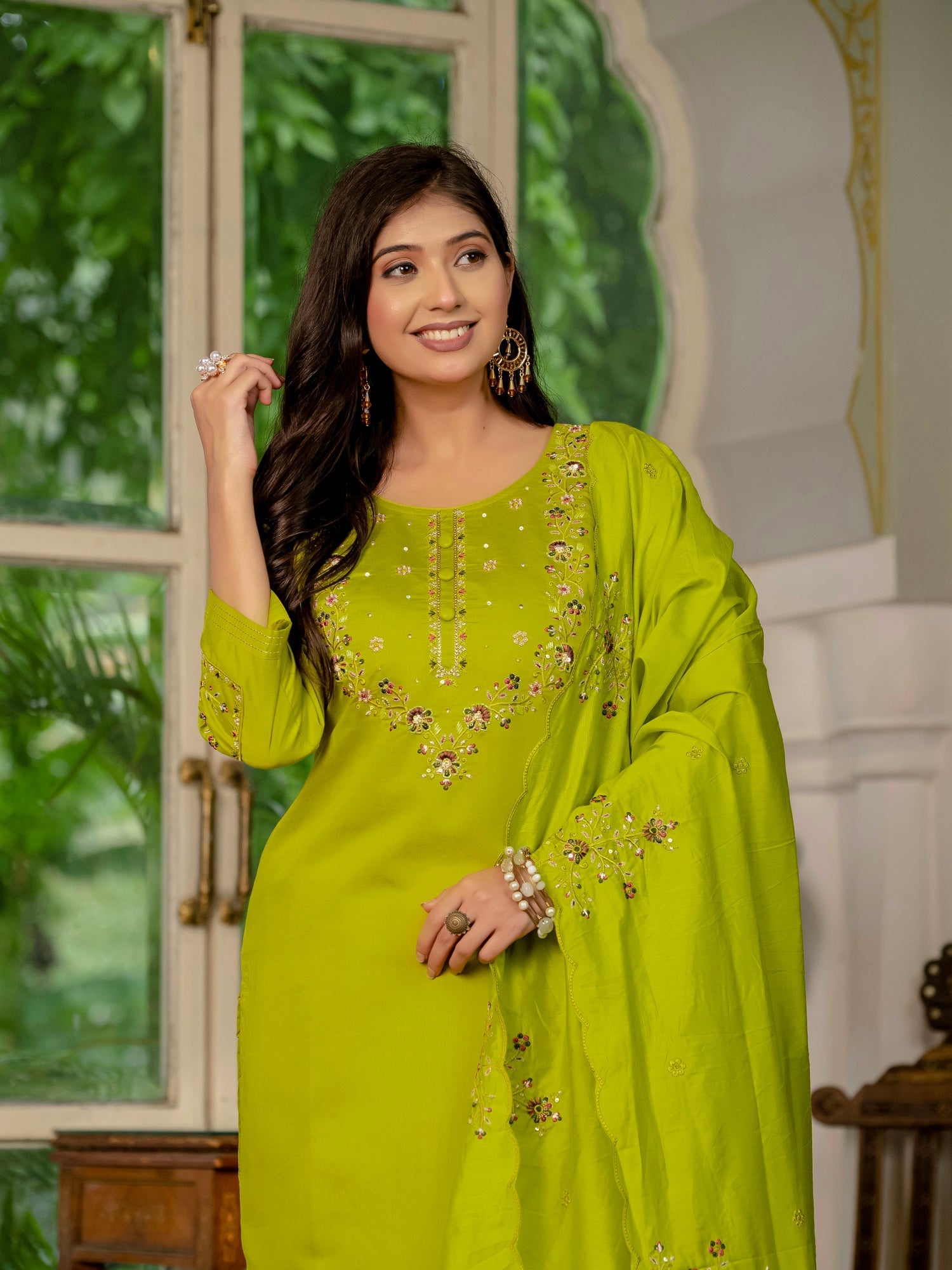 Lorenvalley Fashion Parrotgreen Marina Silk Multi Embroidery Thread,With Hand Work Kurta Pant Dupatta 