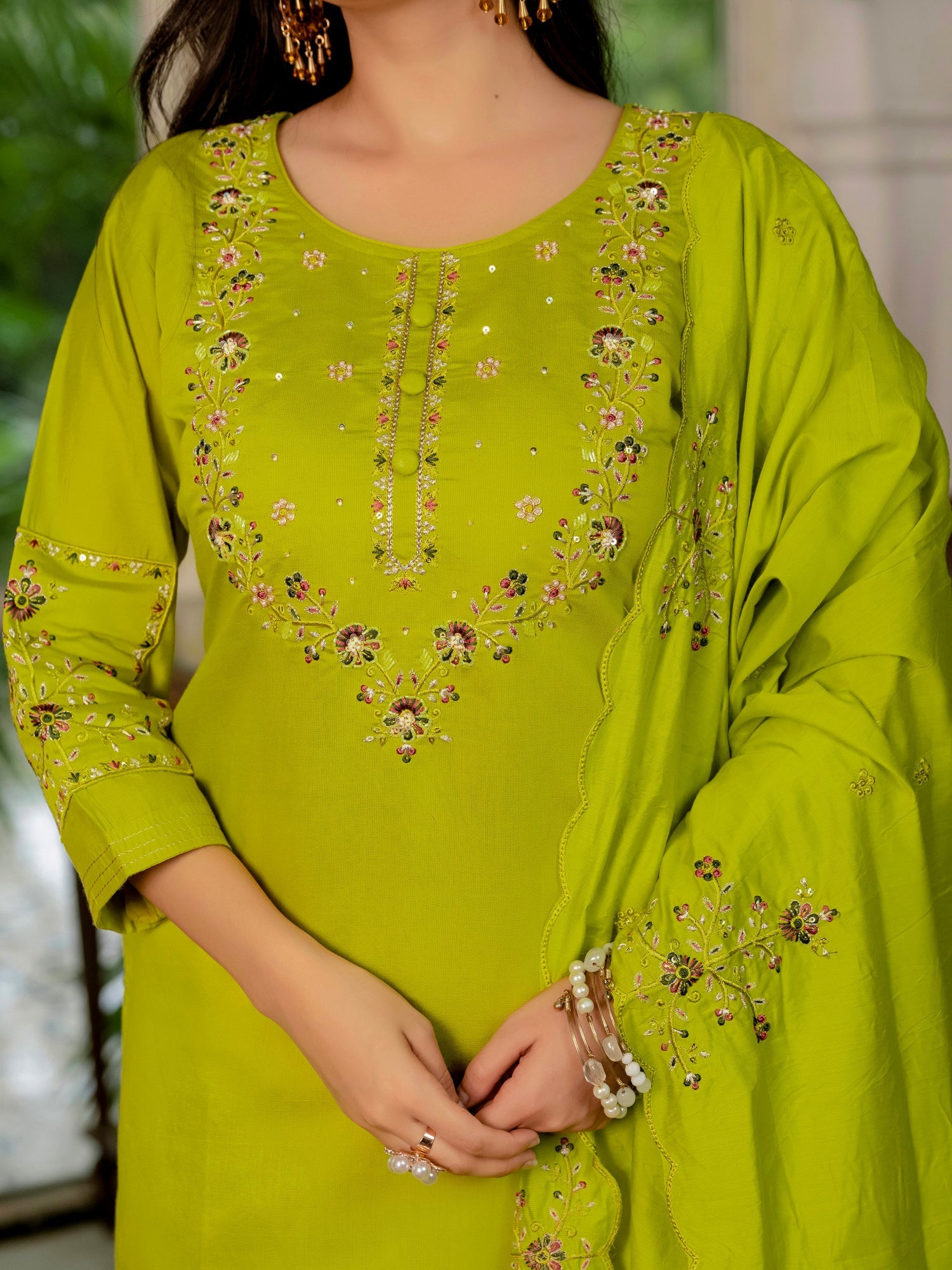 Lorenvalley Fashion Parrotgreen Marina Silk Multi Embroidery Thread,With Hand Work Kurta Pant Dupatta 