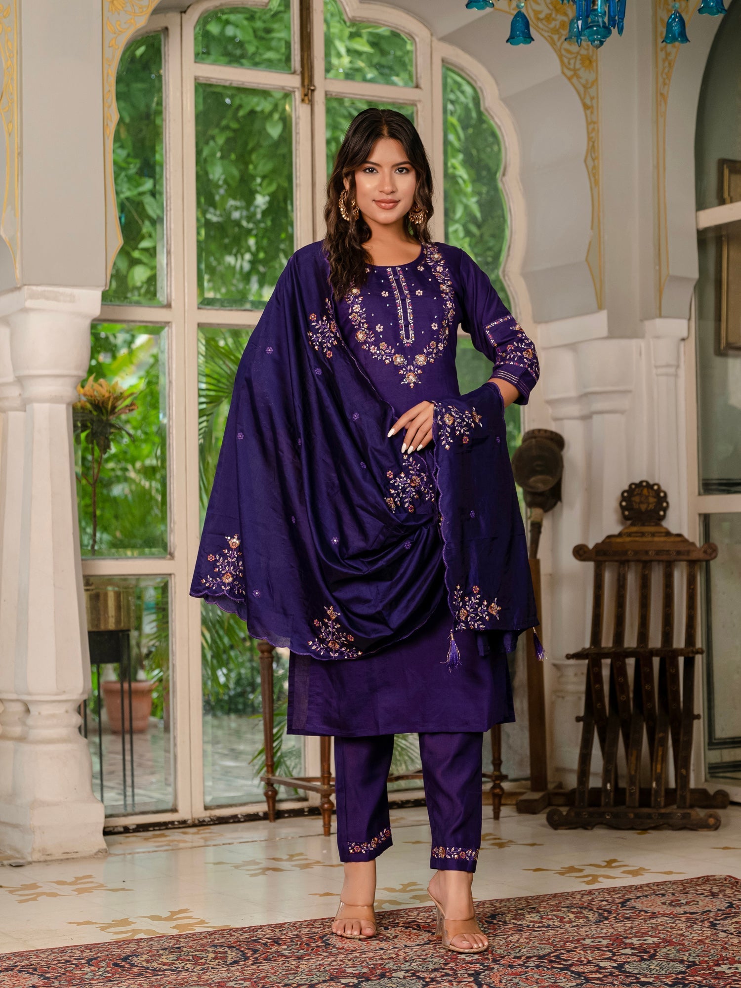 Lorenvalley Fashion Wine Marina Silk Multi Embroidery Thread,With Hand Work Kurta Pant Dupatta 