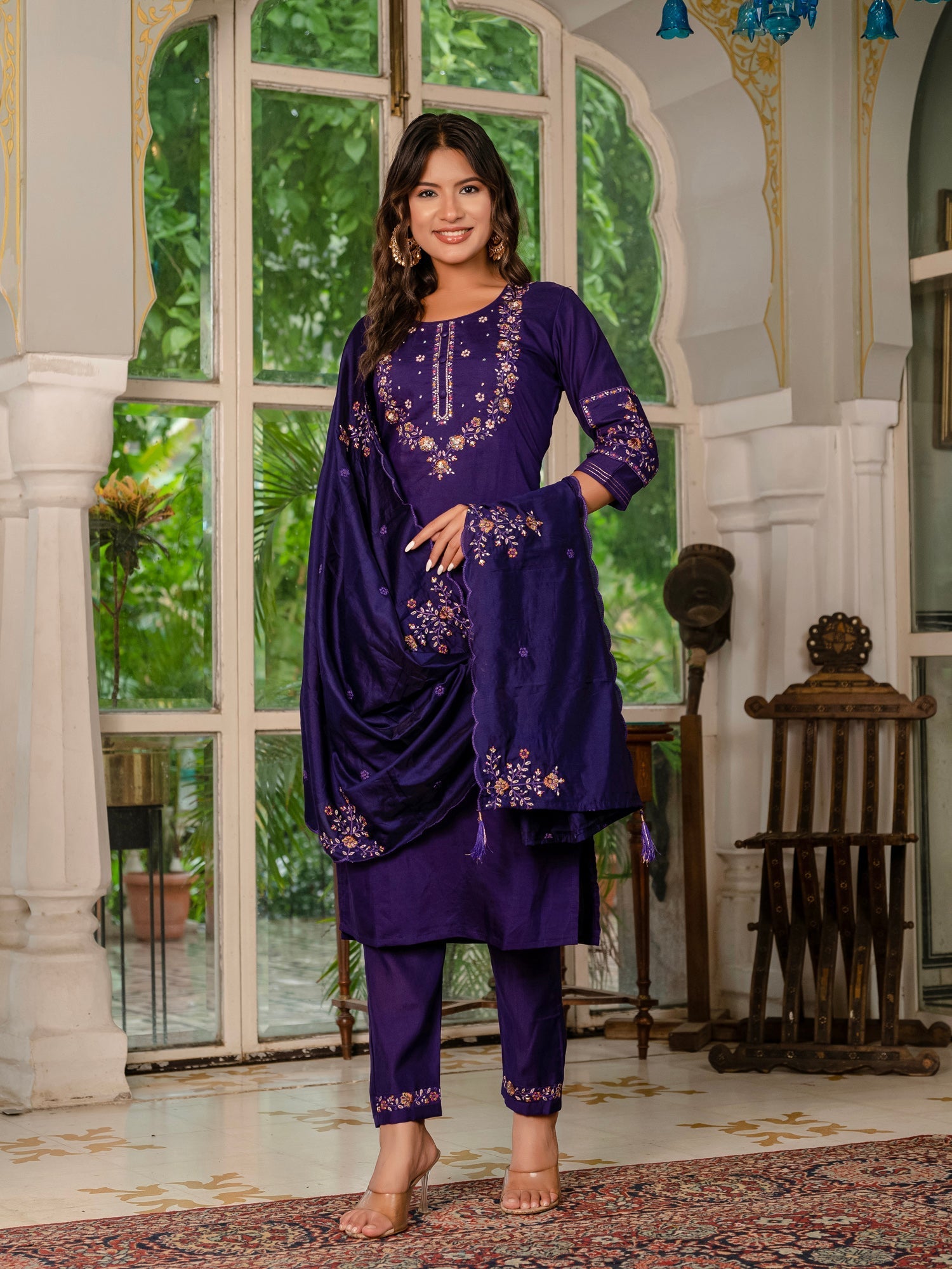 Lorenvalley Fashion Wine Marina Silk Multi Embroidery Thread,With Hand Work Kurta Pant Dupatta 