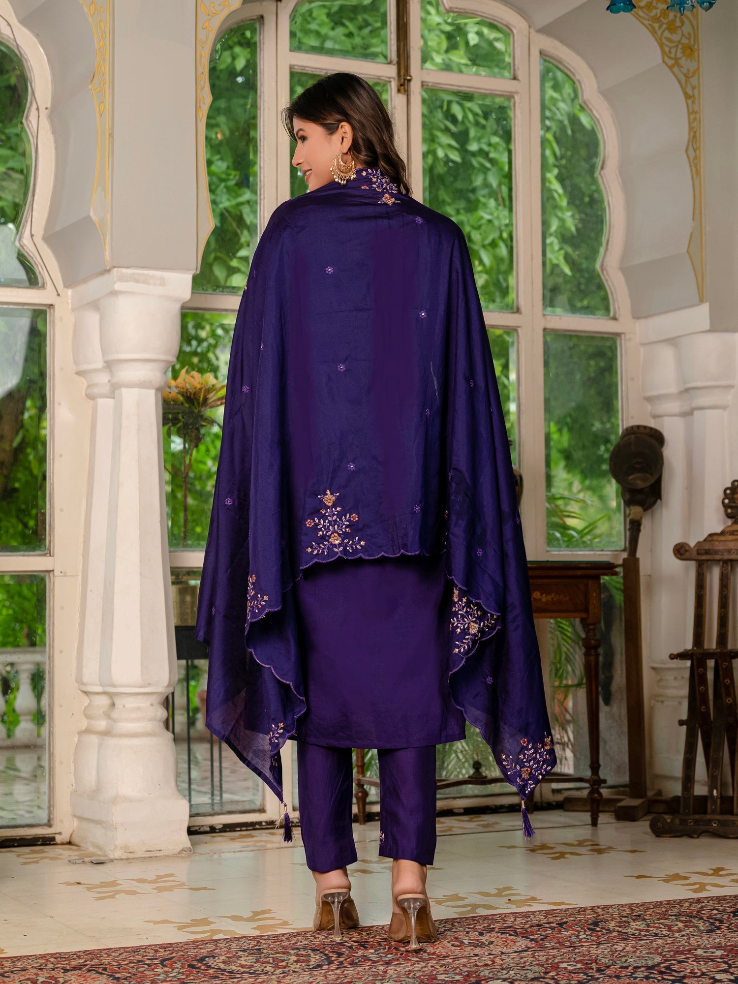 Lorenvalley Fashion Wine Marina Silk Multi Embroidery Thread,With Hand Work Kurta Pant Dupatta 