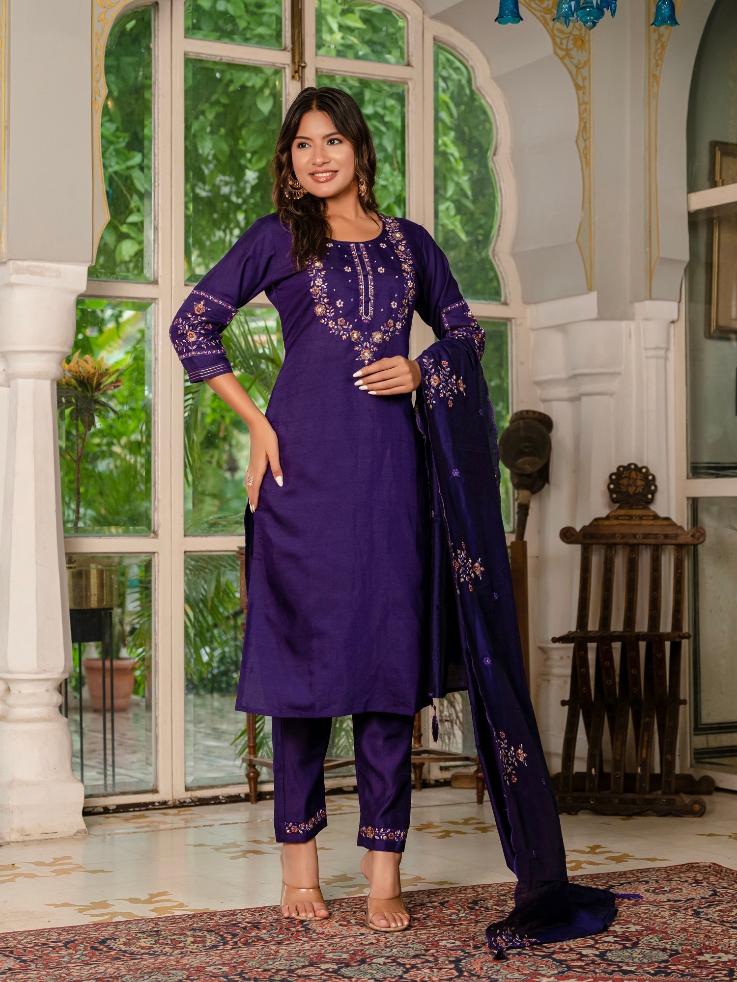 Lorenvalley Fashion Wine Marina Silk Multi Embroidery Thread,With Hand Work Kurta Pant Dupatta 
