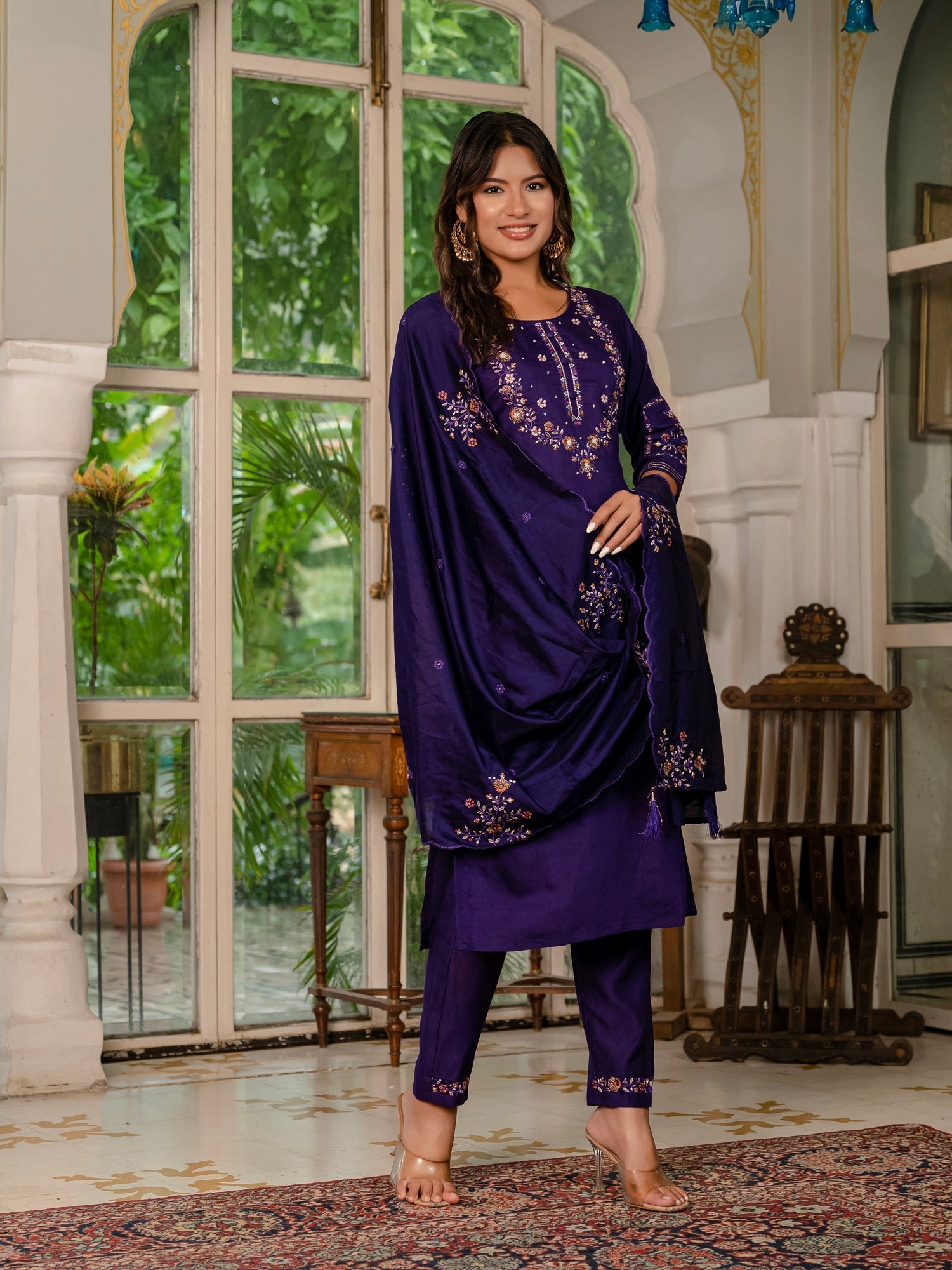 Lorenvalley Fashion Wine Marina Silk Multi Embroidery Thread,With Hand Work Kurta Pant Dupatta 