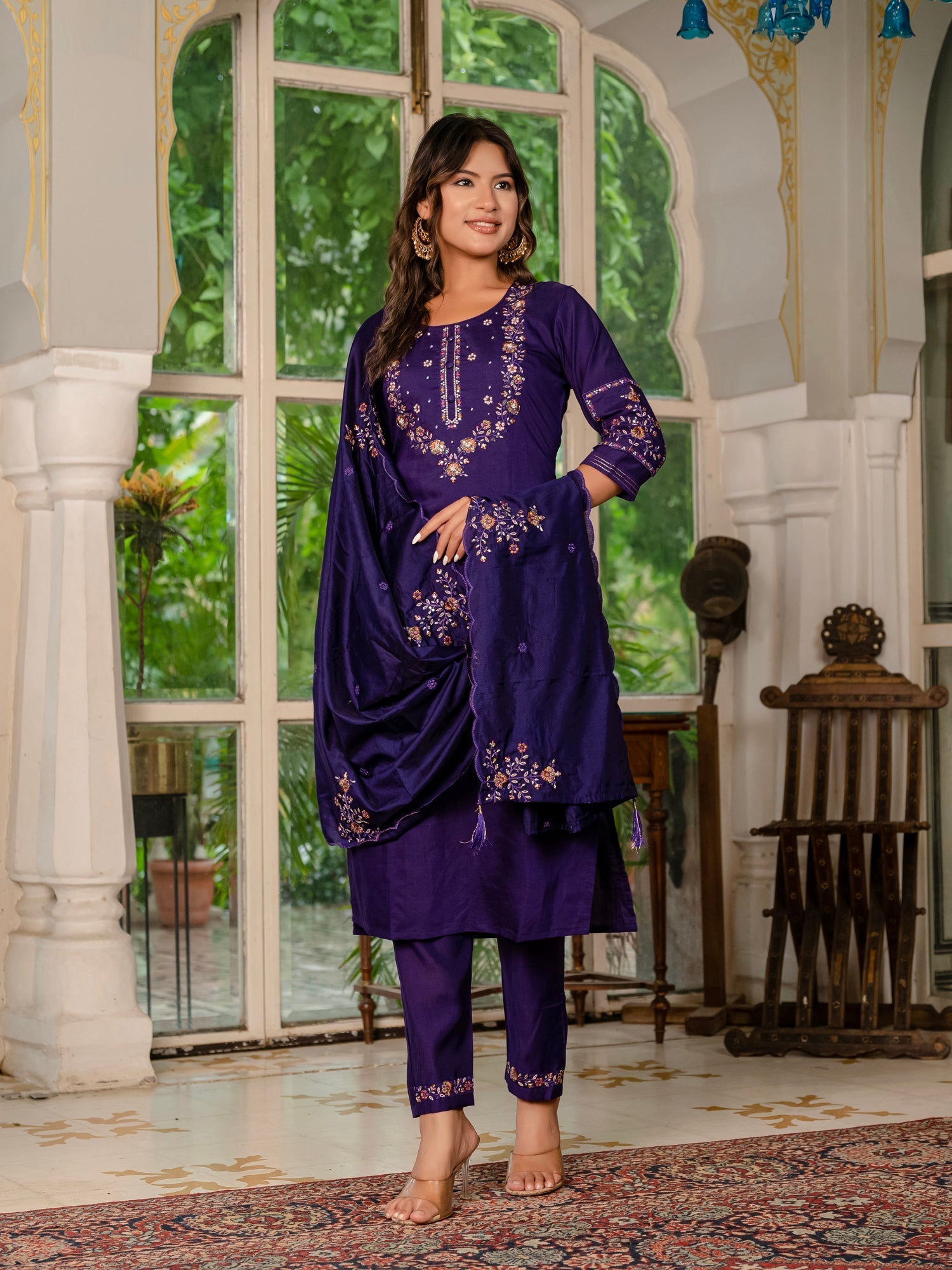 Lorenvalley Fashion Wine Marina Silk Multi Embroidery Thread,With Hand Work Kurta Pant Dupatta 