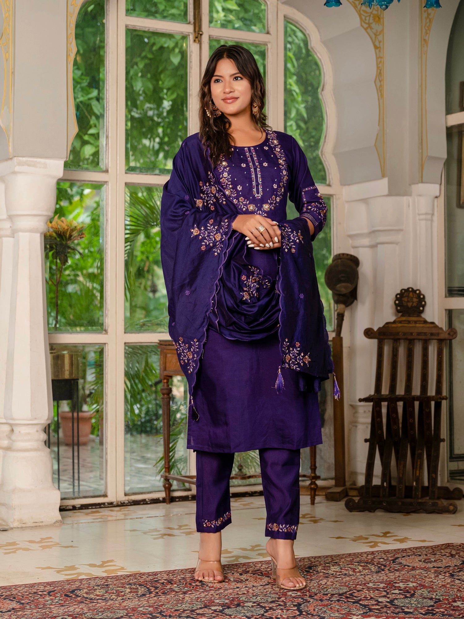 Lorenvalley Fashion Wine Marina Silk Multi Embroidery Thread,With Hand Work Kurta Pant Dupatta 