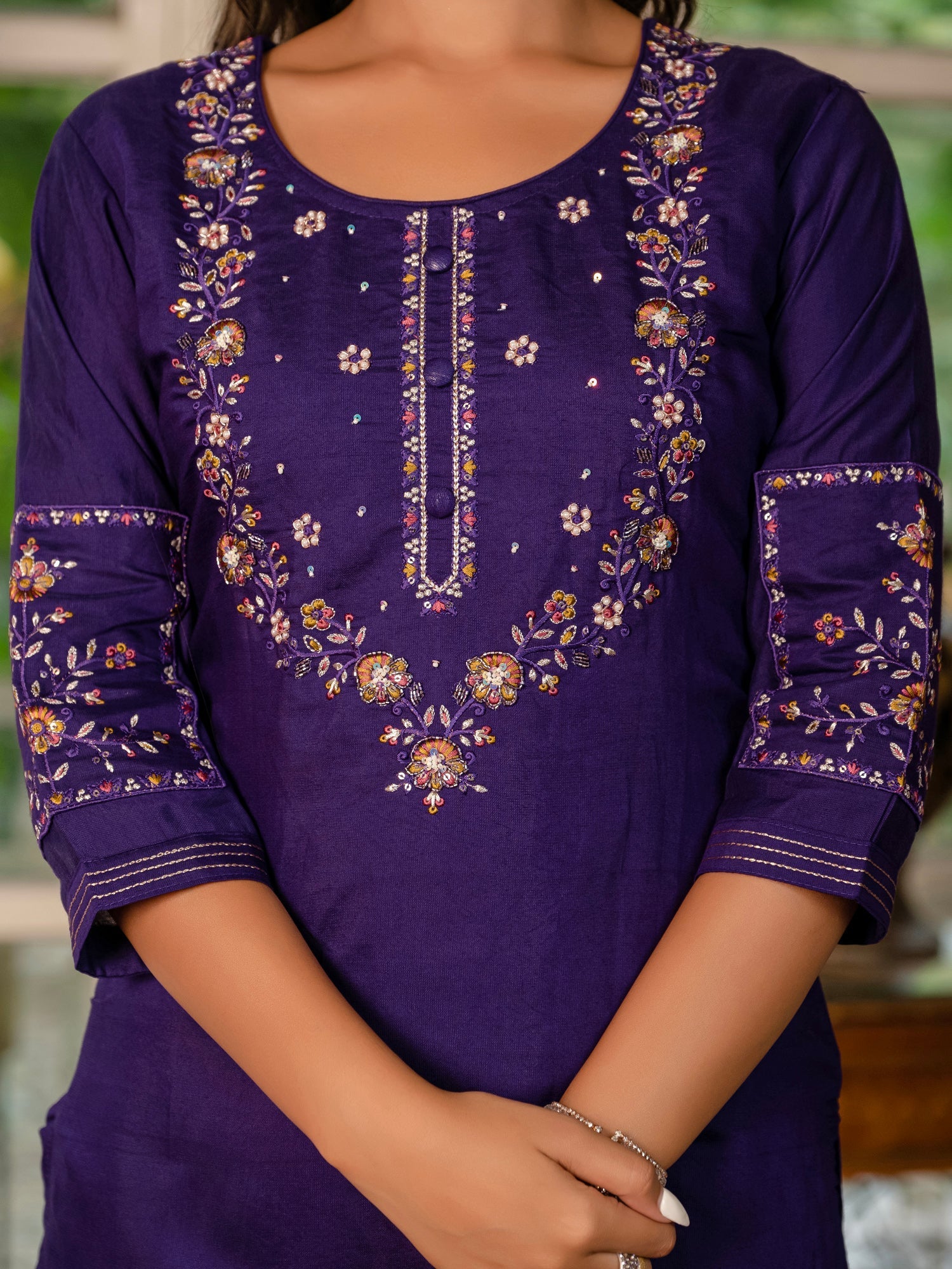 Lorenvalley Fashion Wine Marina Silk Multi Embroidery Thread,With Hand Work Kurta Pant Dupatta 