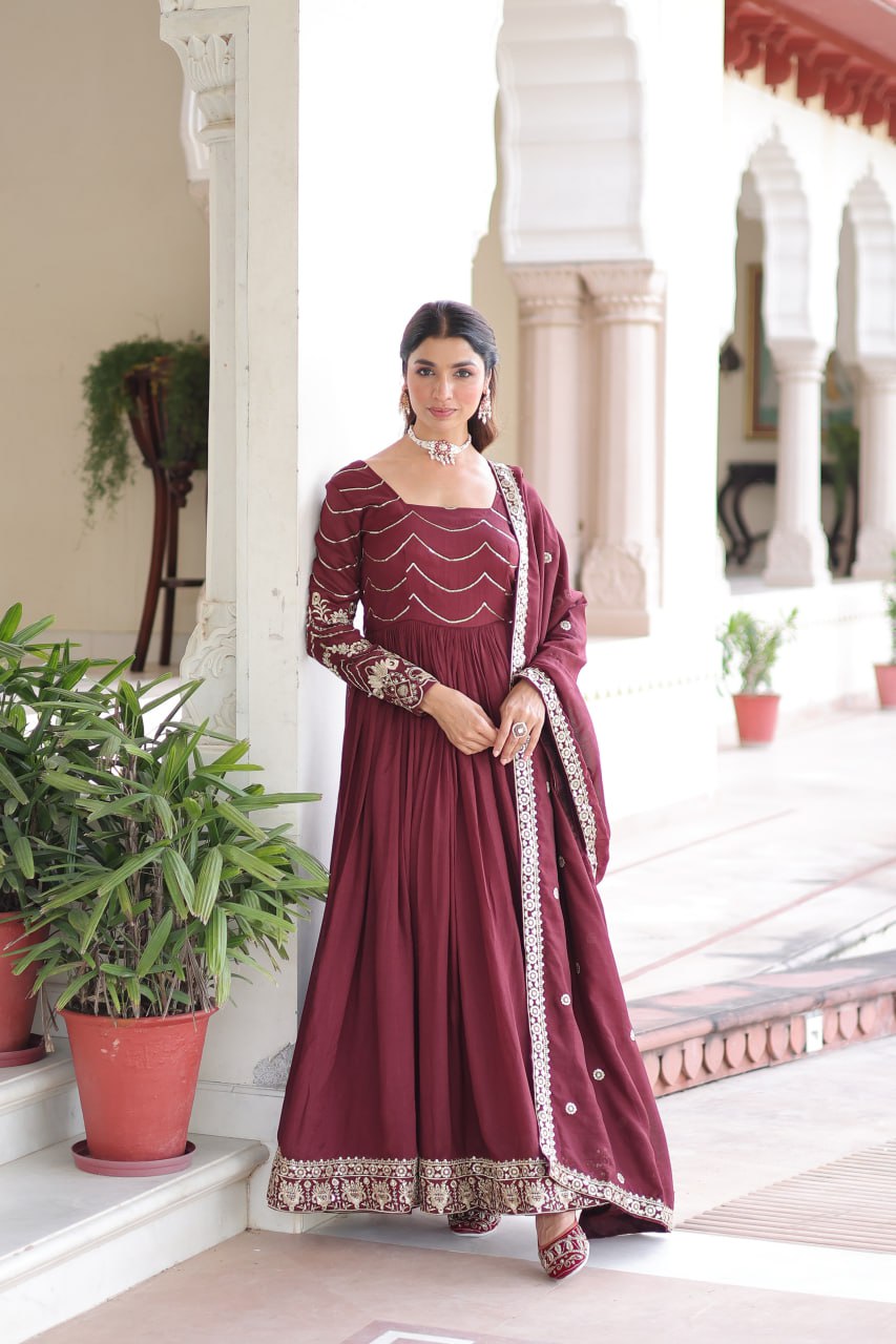 Evanik Designer Vichitra Silk with Rich Embroidered Zari & Thread Work Gown Dupatta
