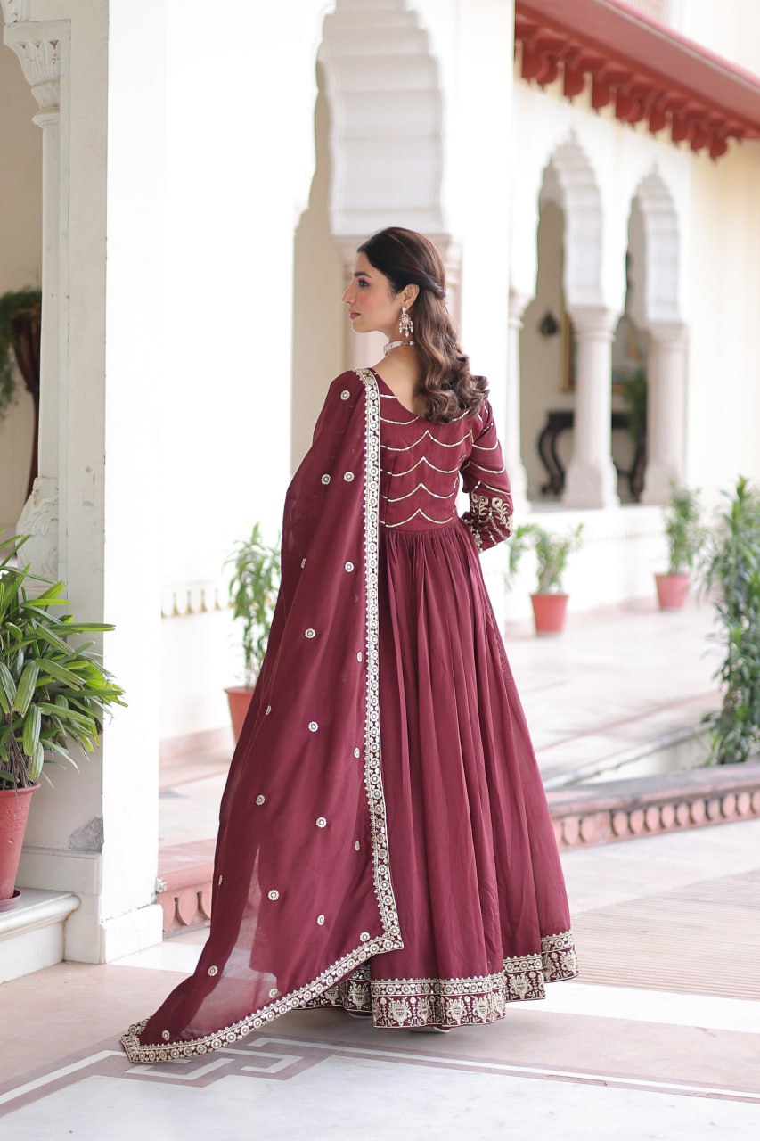 Evanik Designer Vichitra Silk with Rich Embroidered Zari & Thread Work Gown Dupatta