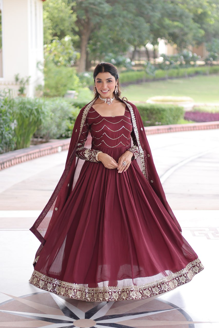 Evanik Designer Vichitra Silk with Rich Embroidered Zari & Thread Work Gown Dupatta