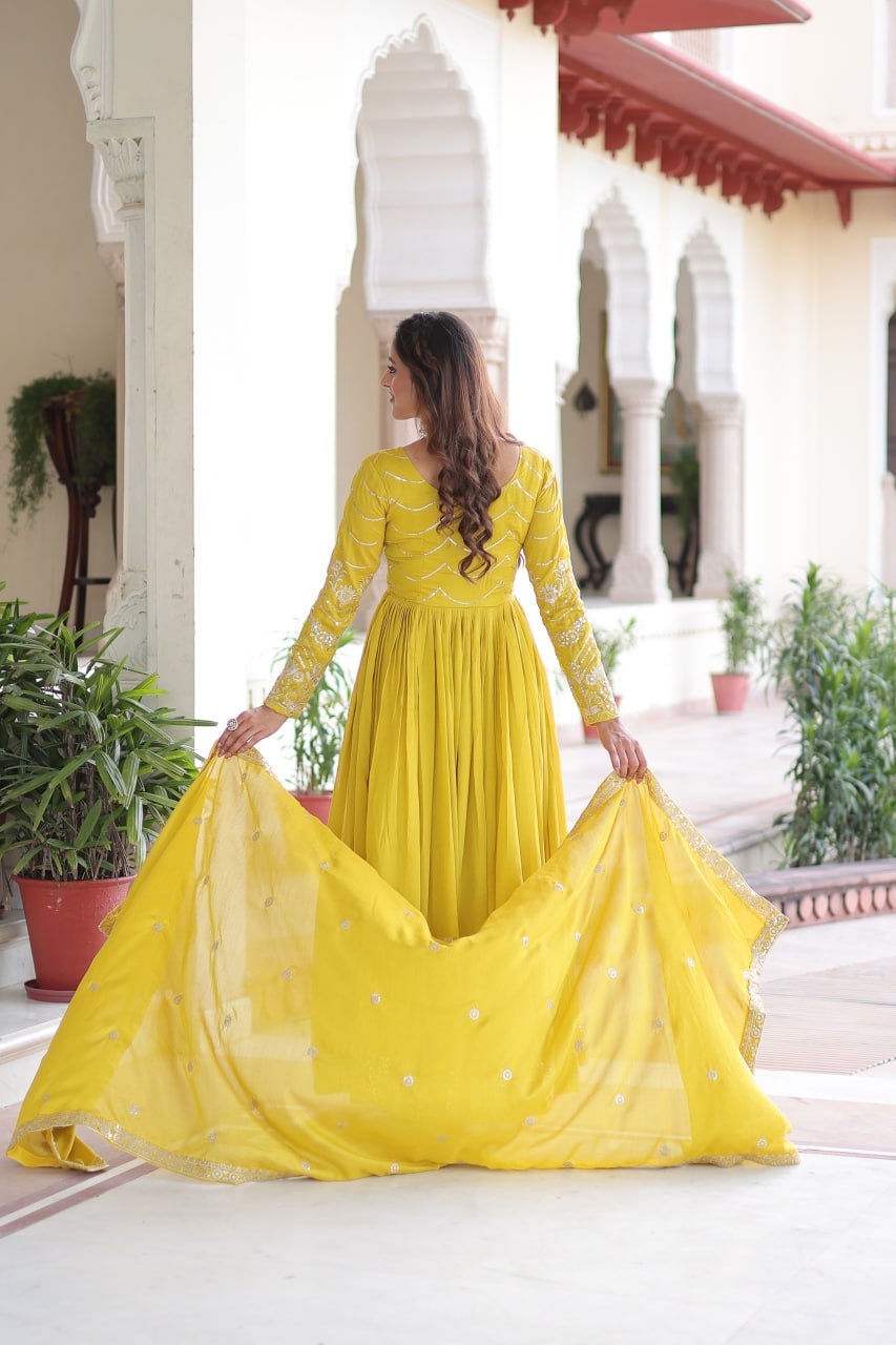 Evanik Designer Vichitra Silk with Rich Embroidered Zari & Thread Work Gown Dupatta