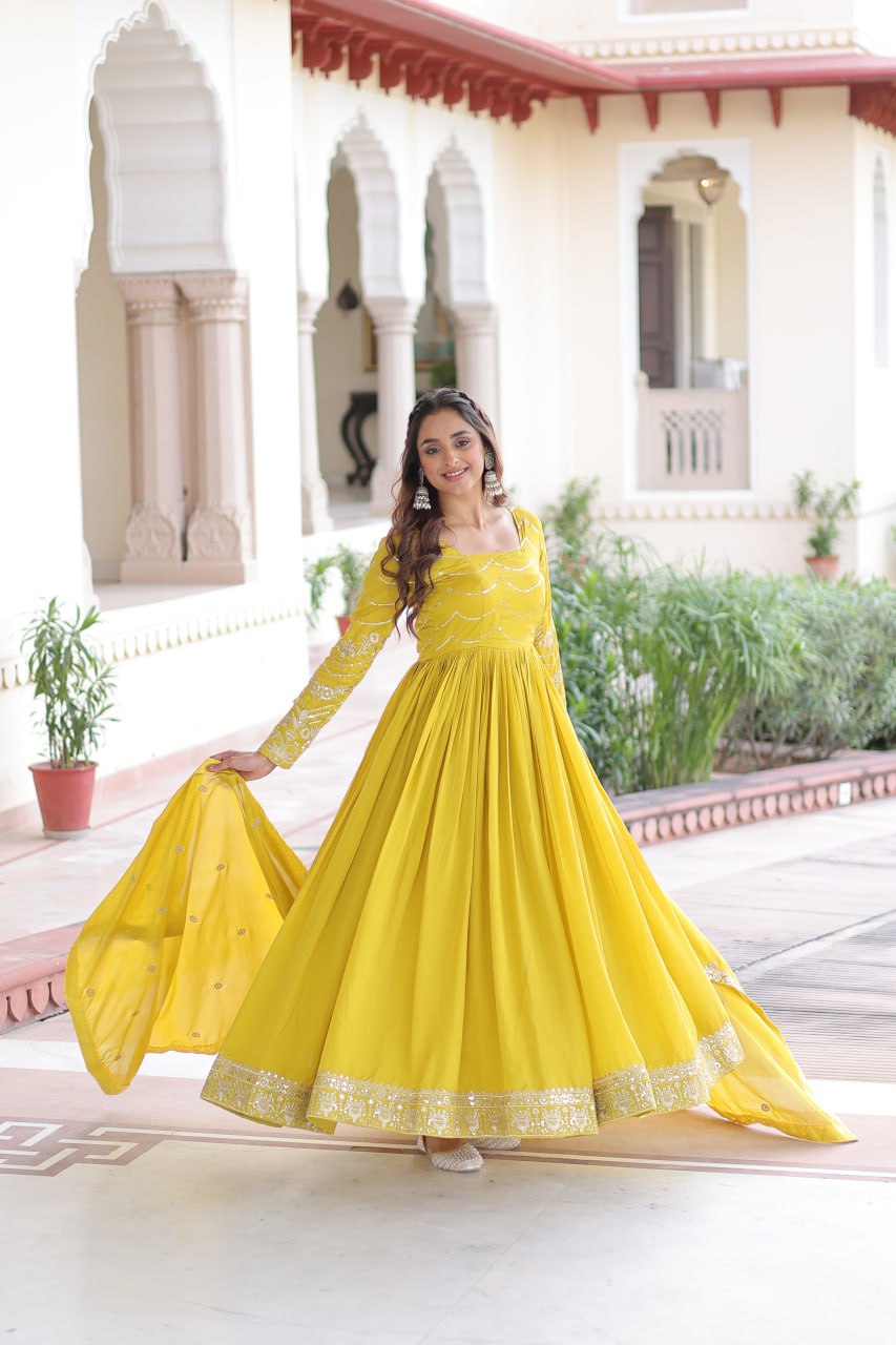 Evanik Designer Vichitra Silk with Rich Embroidered Zari & Thread Work Gown Dupatta