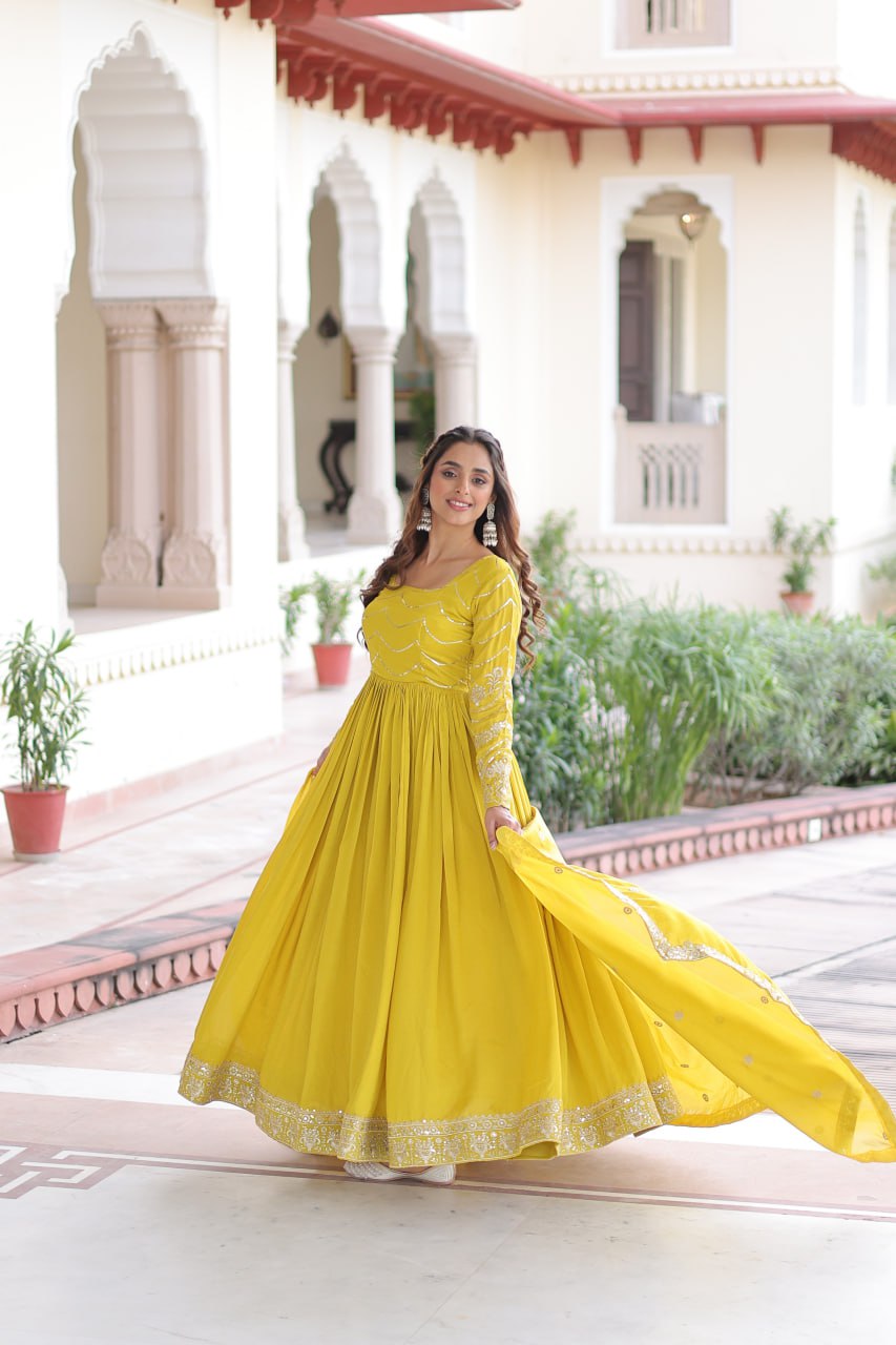 Evanik Designer Vichitra Silk with Rich Embroidered Zari & Thread Work Gown Dupatta