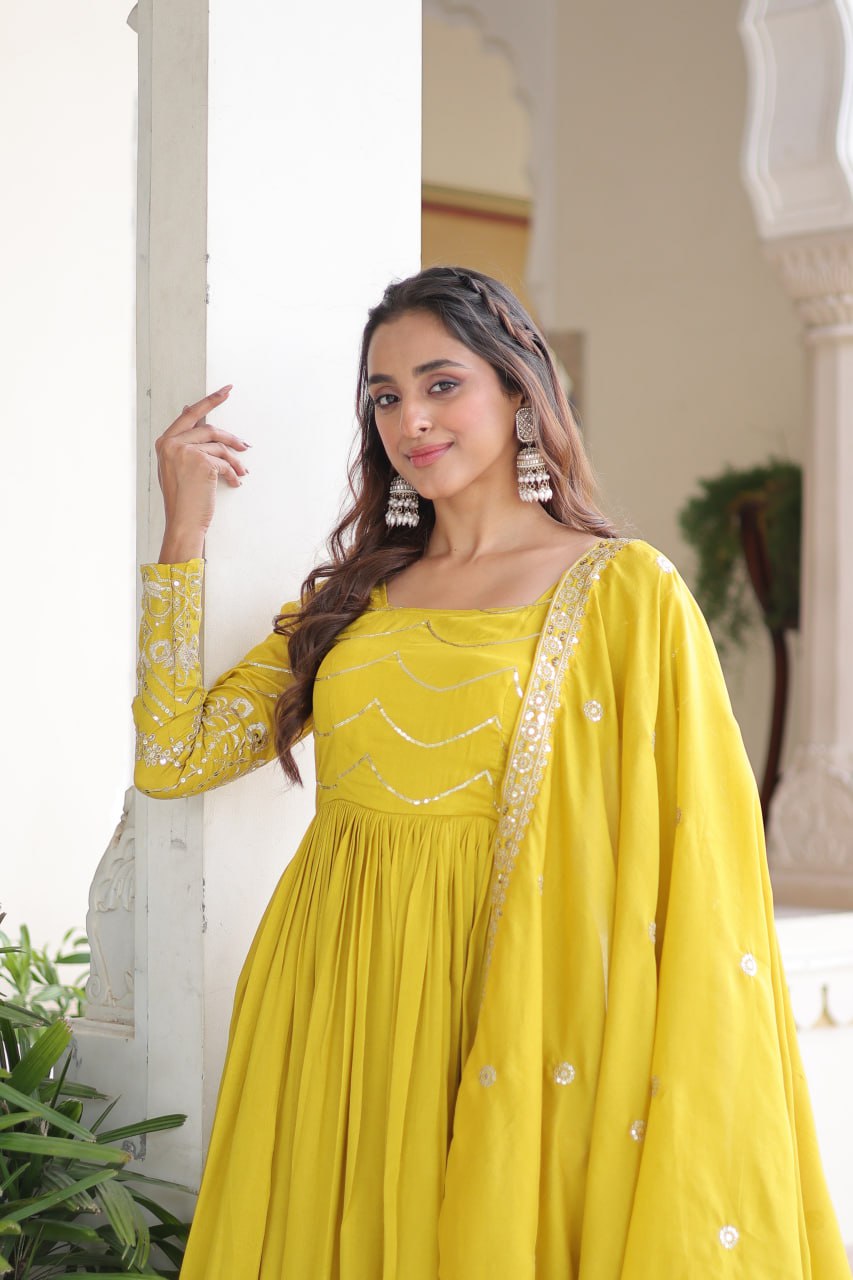 Evanik Designer Vichitra Silk with Rich Embroidered Zari & Thread Work Gown Dupatta