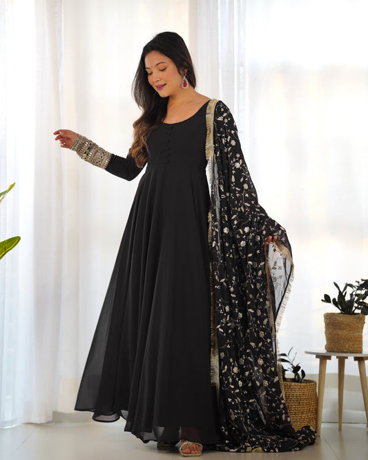 Lorenvalley Women Georgette Anarkali Gown Duppta Full Set With Pent Ready To Wear - Black 