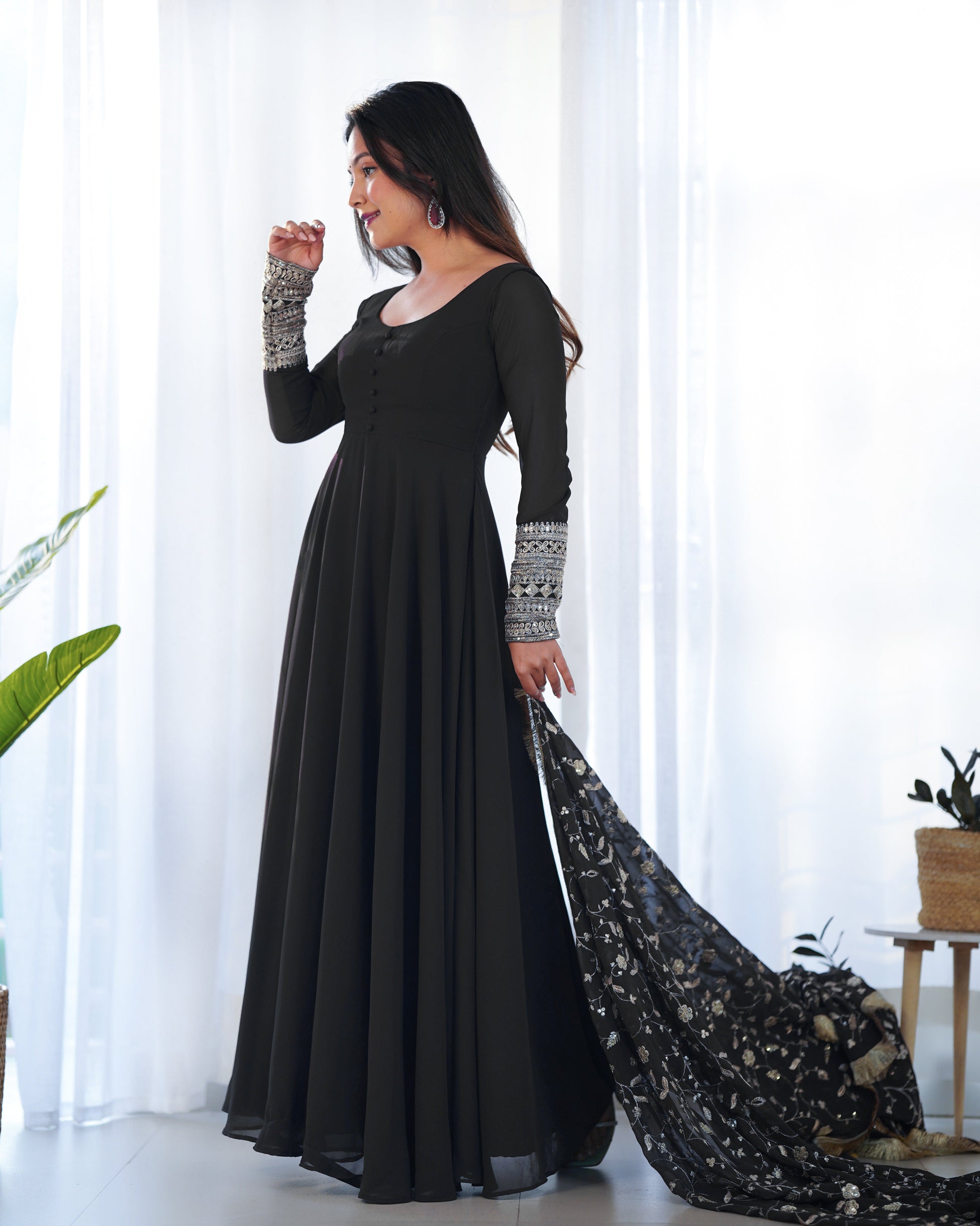 Lorenvalley Women Georgette Anarkali Gown Duppta Full Set With Pent Ready To Wear - Black 