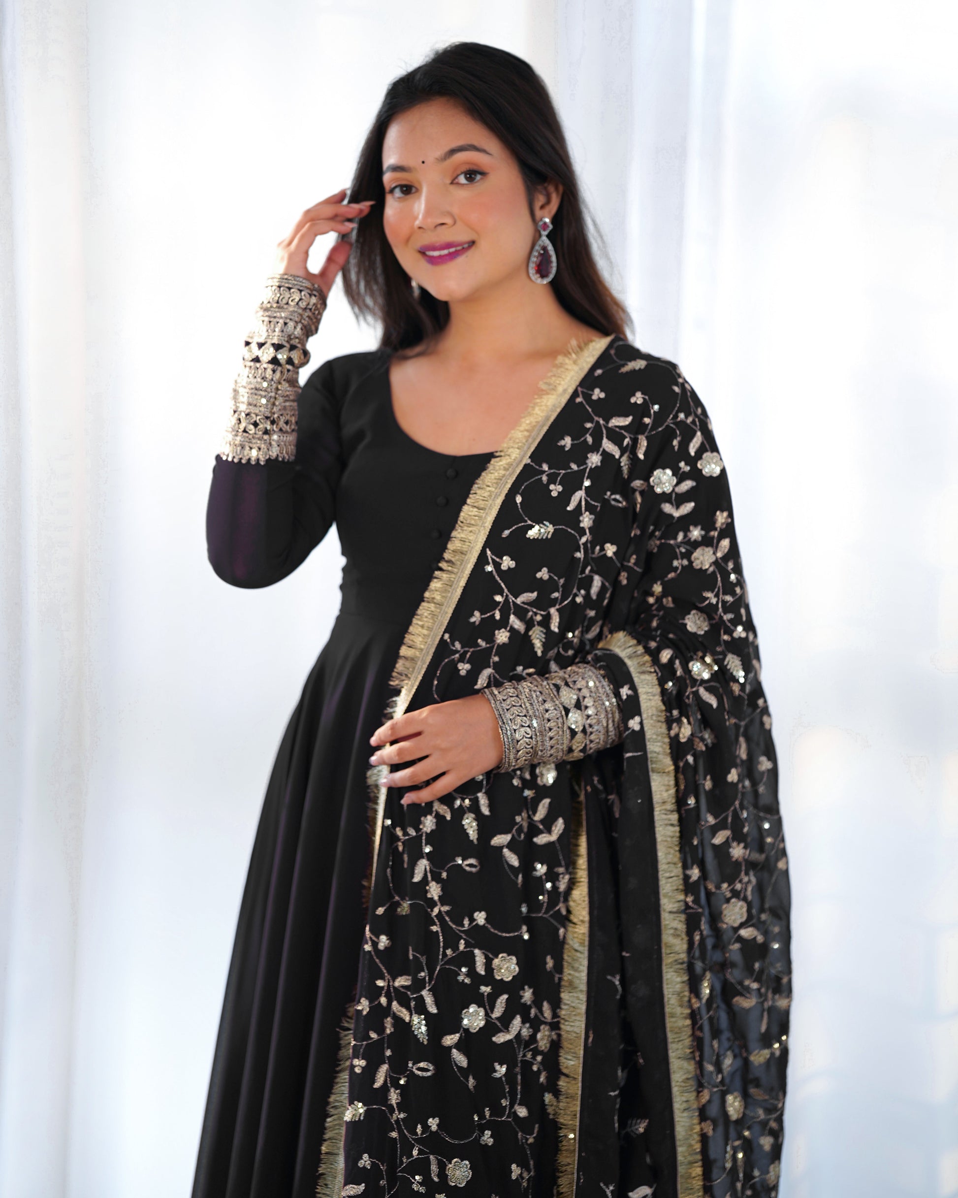 Lorenvalley Women Georgette Anarkali Gown Duppta Full Set With Pent Ready To Wear - Black 