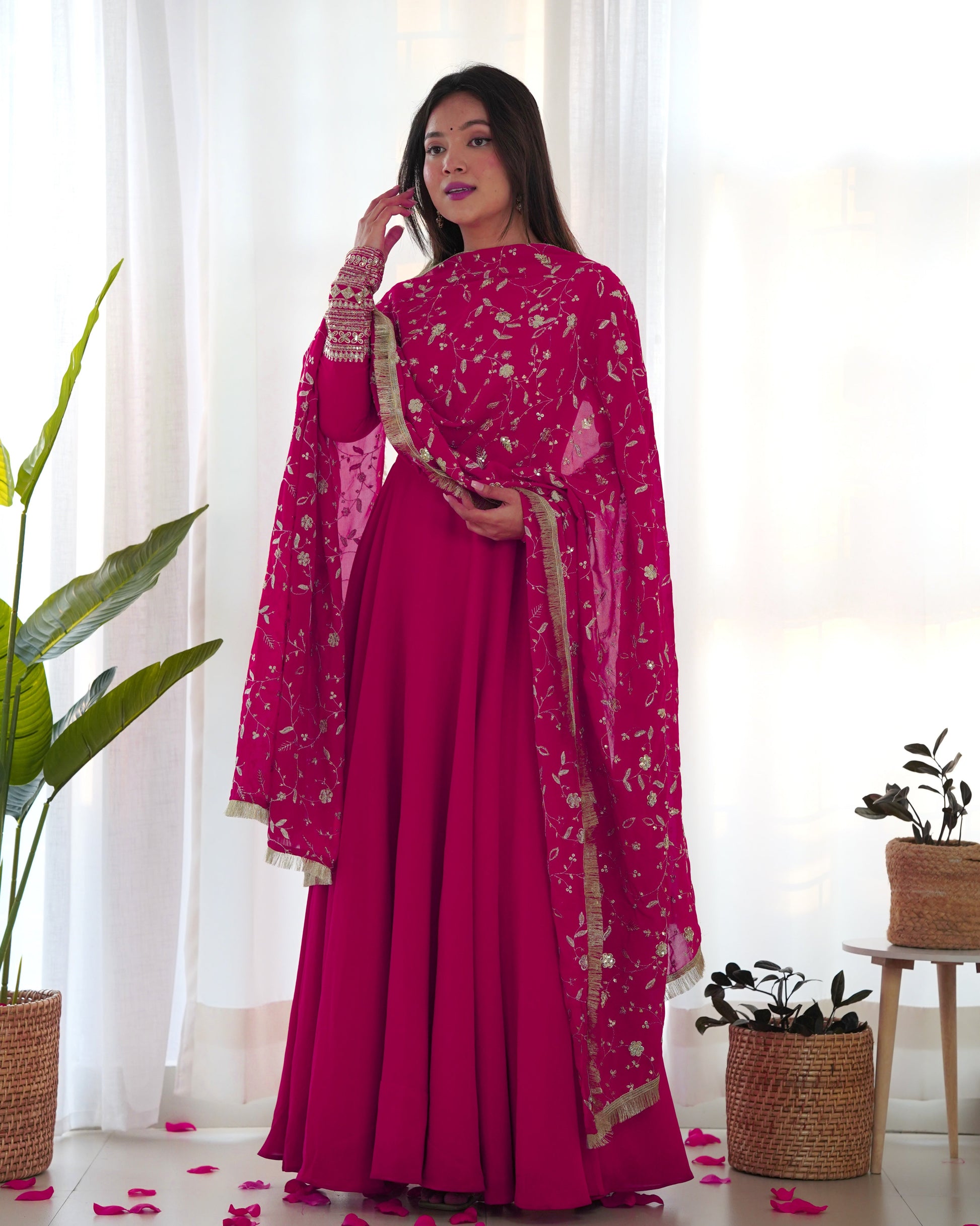 Lorenvalley Women Georgette Anarkali Gown Duppta Full Set With Pent Ready To Wear - Magenta 