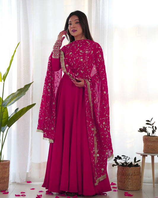 Lorenvalley Women Georgette Anarkali Gown Duppta Full Set With Pent Ready To Wear - Magenta 