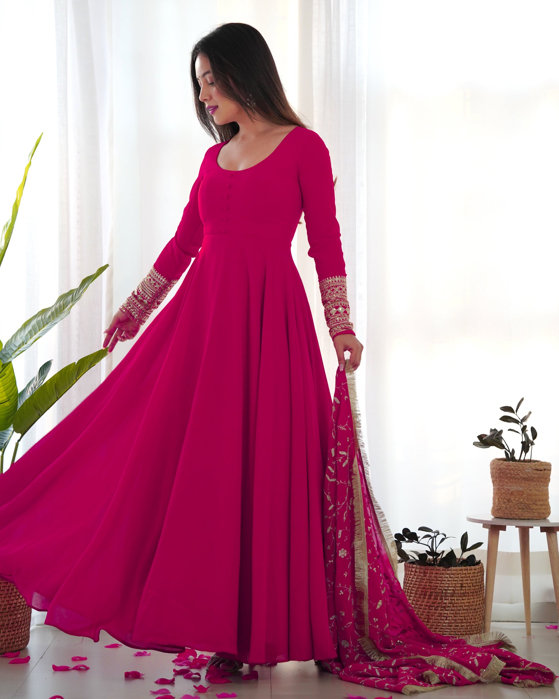 Lorenvalley Women Georgette Anarkali Gown Duppta Full Set With Pent Ready To Wear - Magenta 