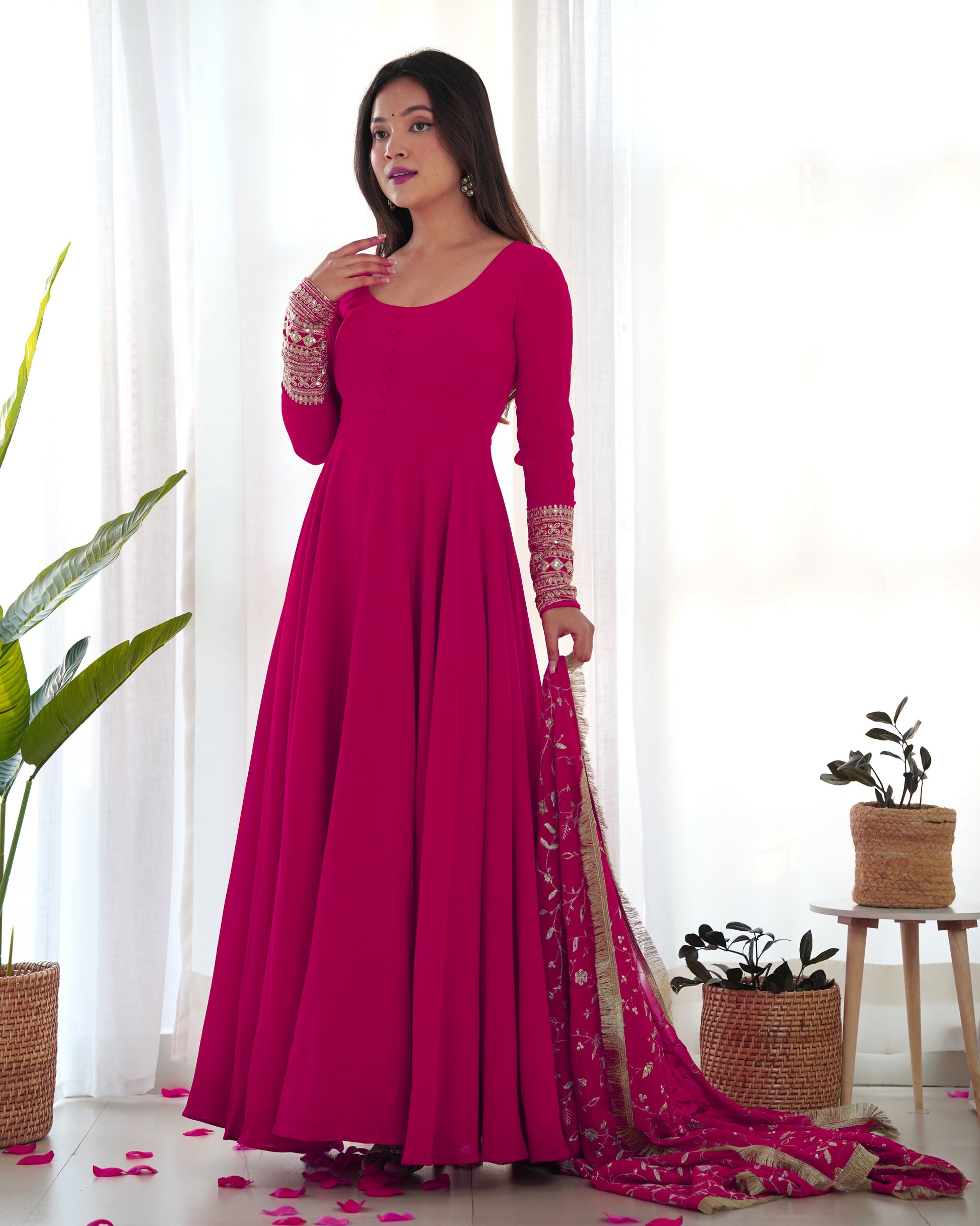 Lorenvalley Women Georgette Anarkali Gown Duppta Full Set With Pent Ready To Wear - Magenta 