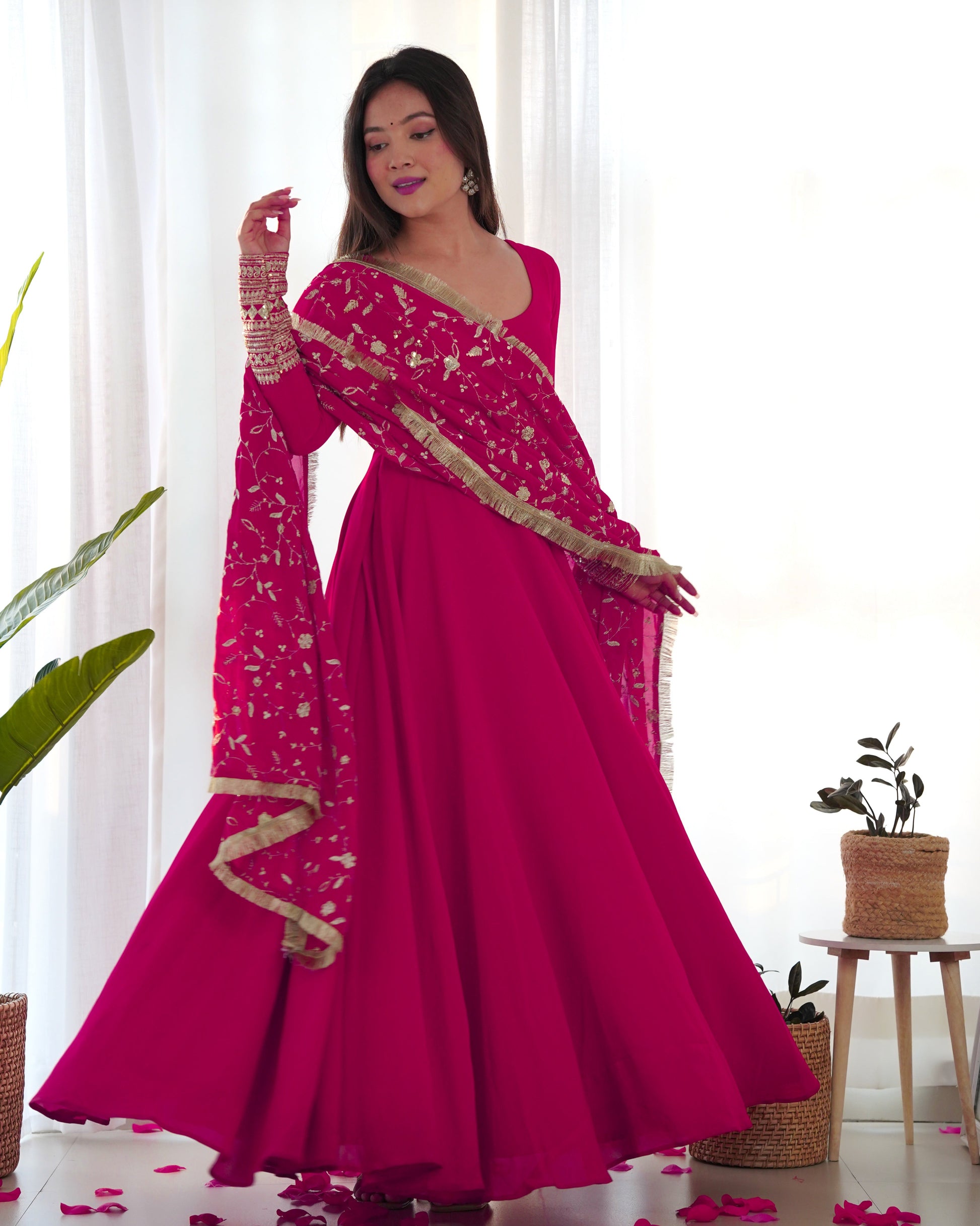 Lorenvalley Women Georgette Anarkali Gown Duppta Full Set With Pent Ready To Wear - Magenta 