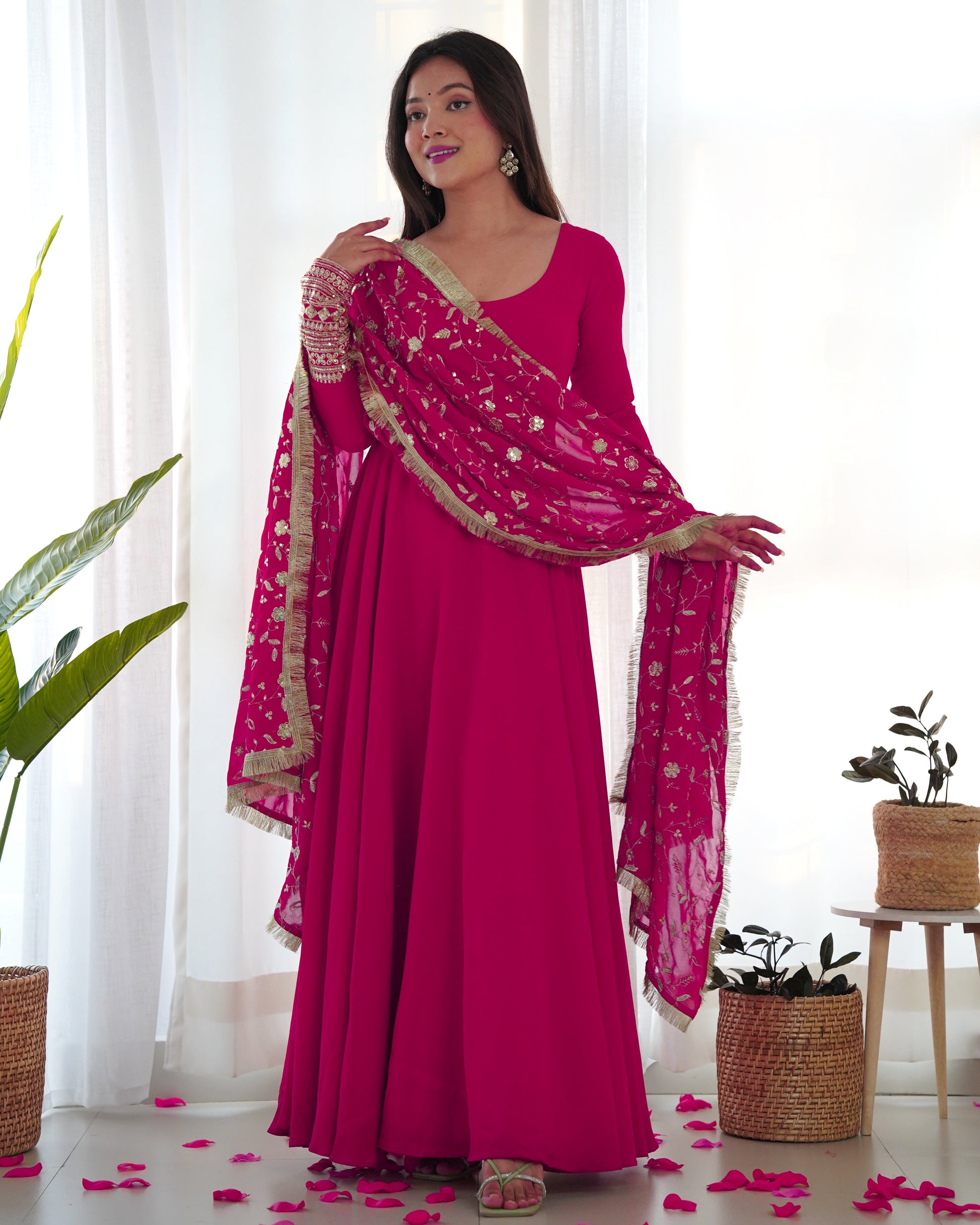 Lorenvalley Women Georgette Anarkali Gown Duppta Full Set With Pent Ready To Wear - Magenta 