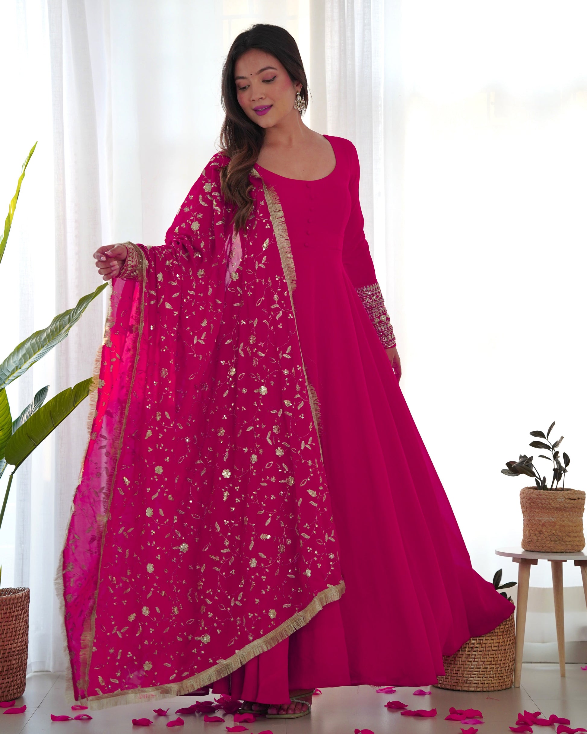 Lorenvalley Women Georgette Anarkali Gown Duppta Full Set With Pent Ready To Wear - Magenta 