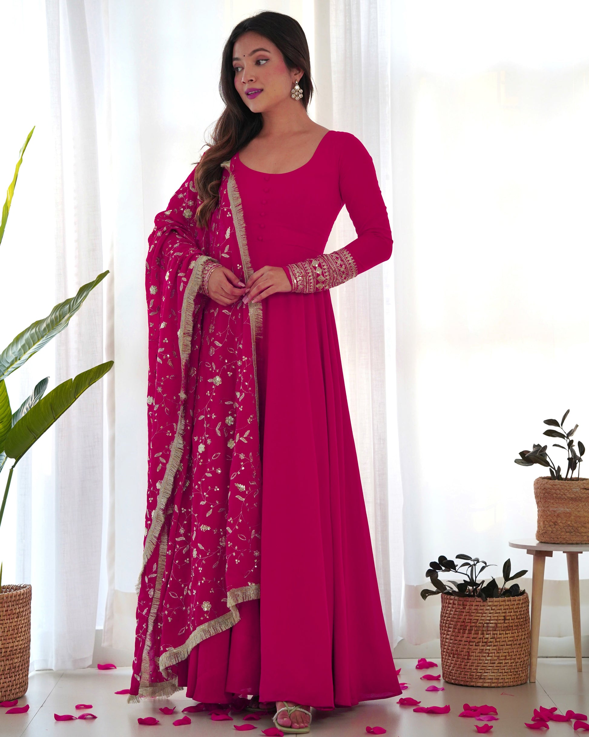 Lorenvalley Women Georgette Anarkali Gown Duppta Full Set With Pent Ready To Wear - Magenta 