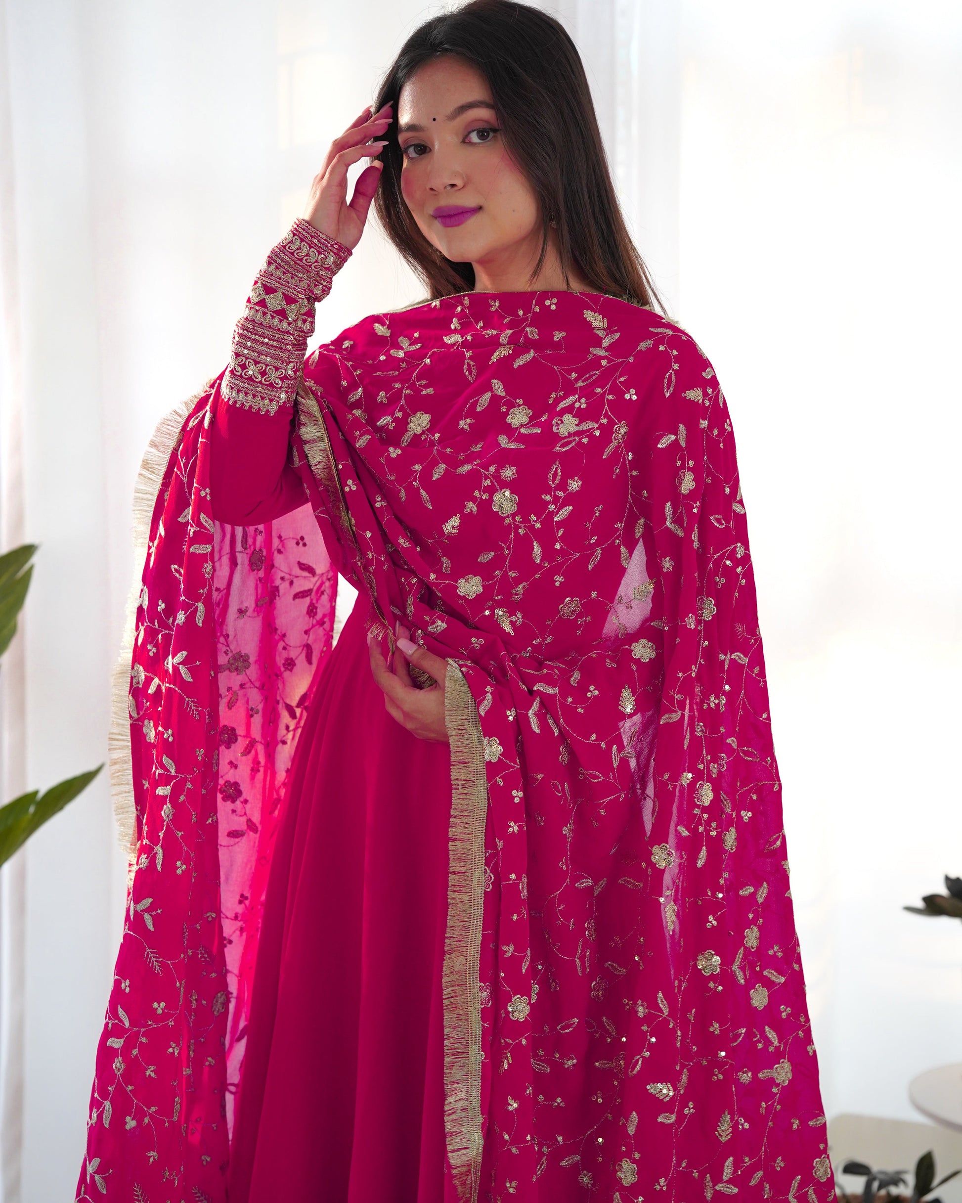 Lorenvalley Women Georgette Anarkali Gown Duppta Full Set With Pent Ready To Wear - Magenta 
