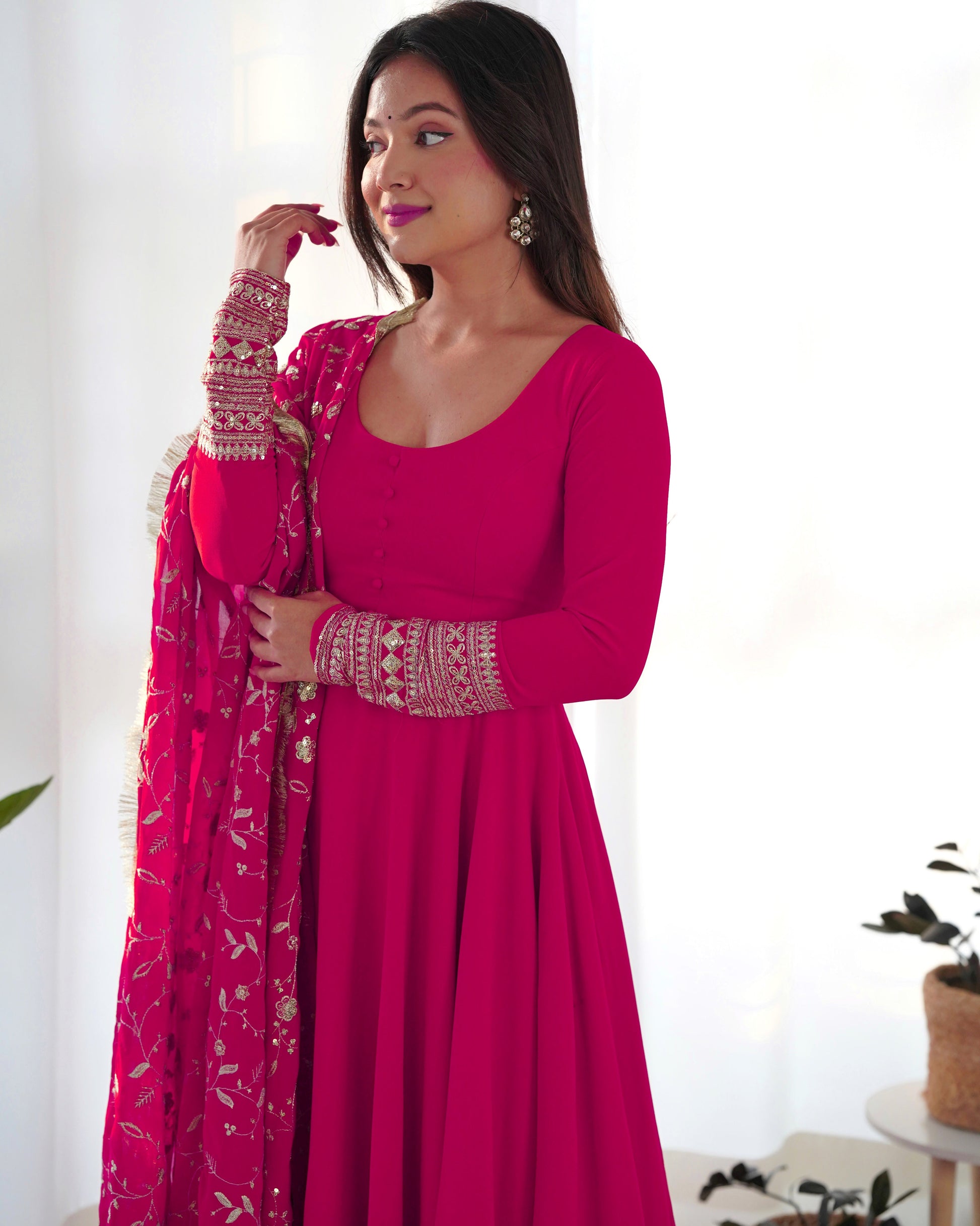 Lorenvalley Women Georgette Anarkali Gown Duppta Full Set With Pent Ready To Wear - Magenta 