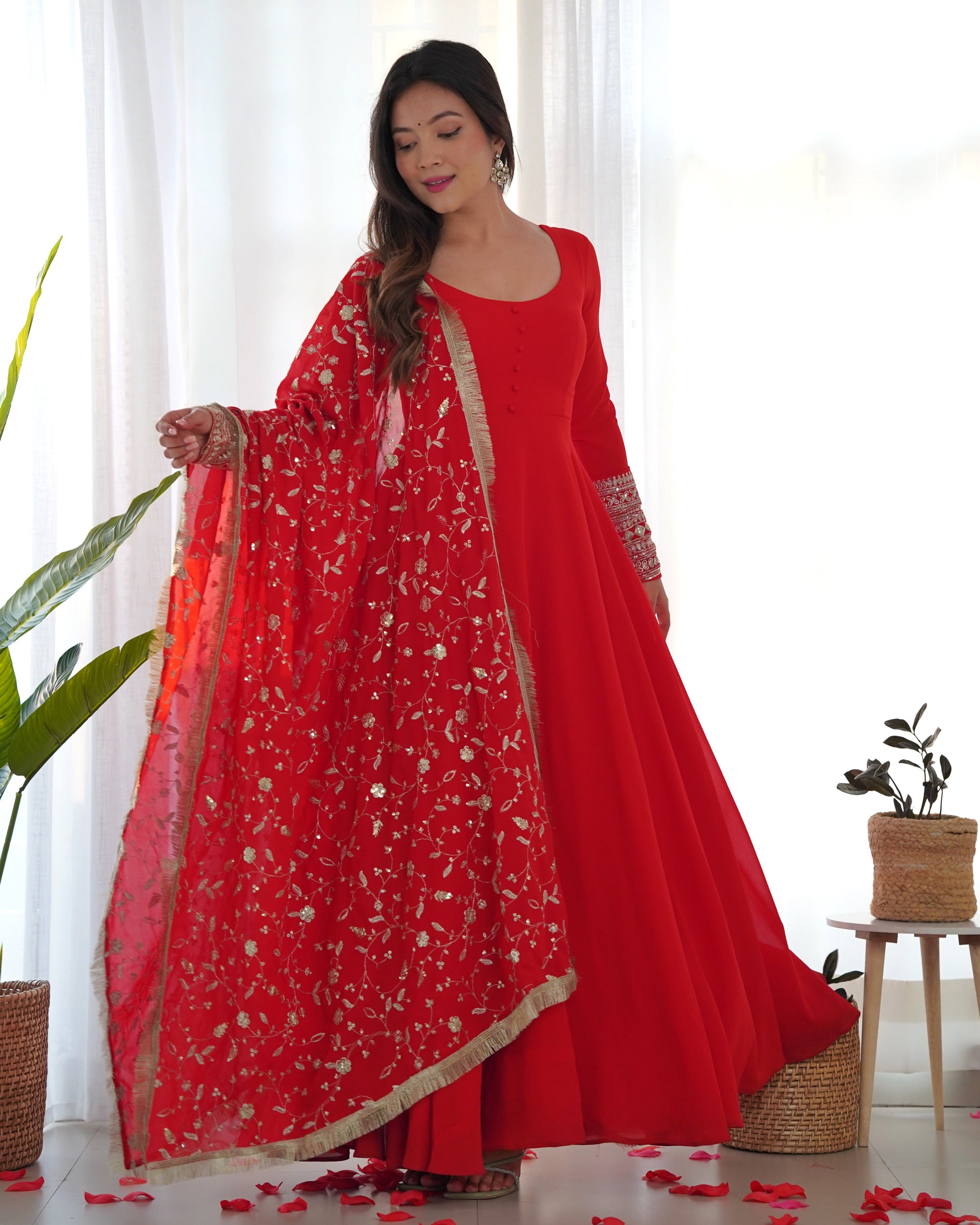 Lorenvalley Women Georgette Anarkali Gown Duppta Full Set With Pent Ready To Wear - Red 