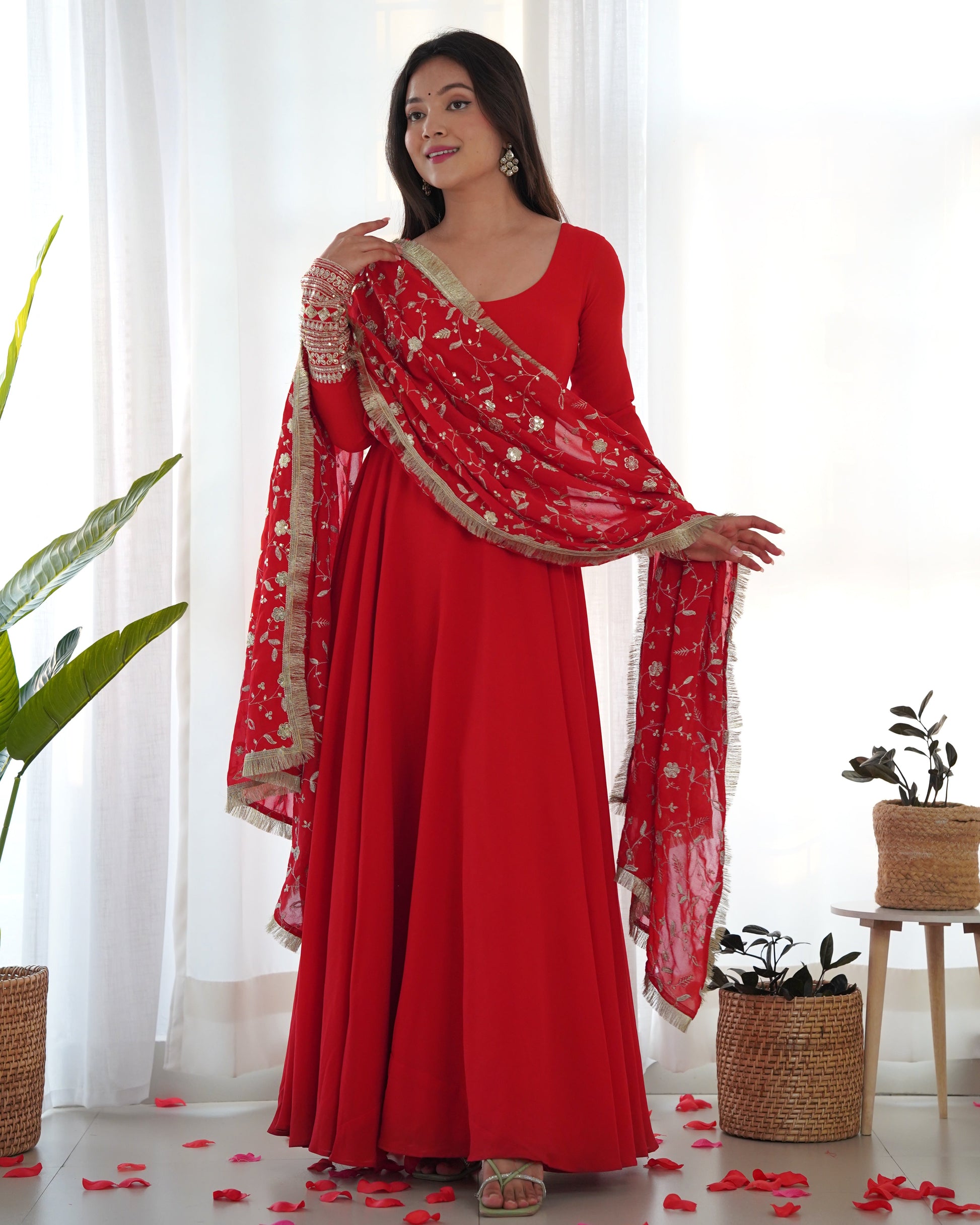 Lorenvalley Women Georgette Anarkali Gown Duppta Full Set With Pent Ready To Wear - Red 