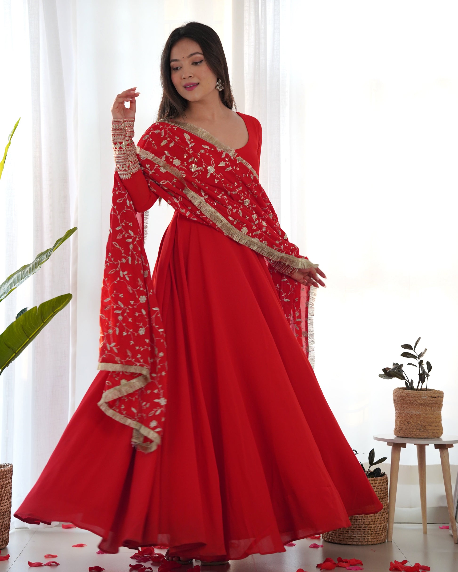 Lorenvalley Women Georgette Anarkali Gown Duppta Full Set With Pent Ready To Wear - Red 