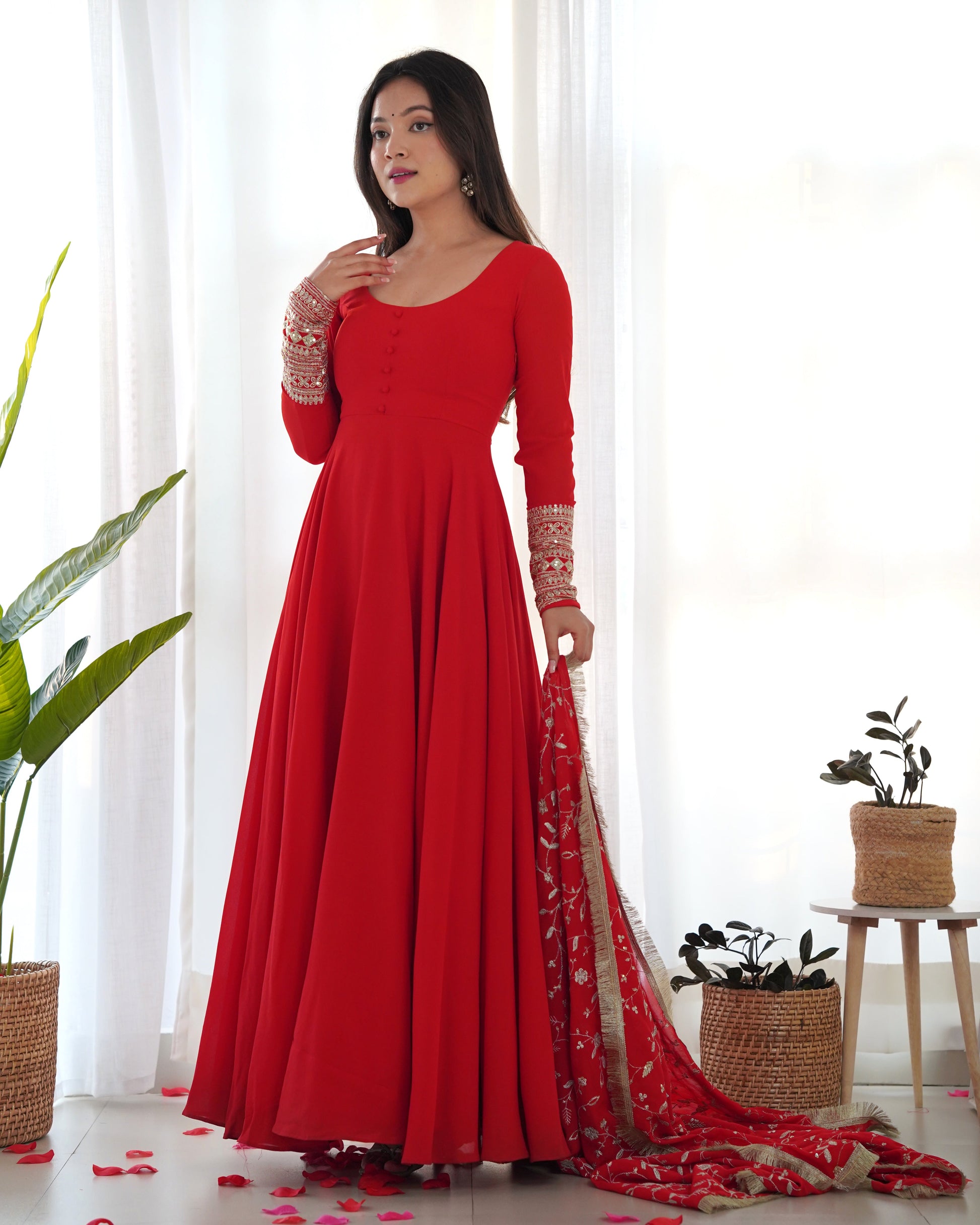 Lorenvalley Women Georgette Anarkali Gown Duppta Full Set With Pent Ready To Wear - Red 