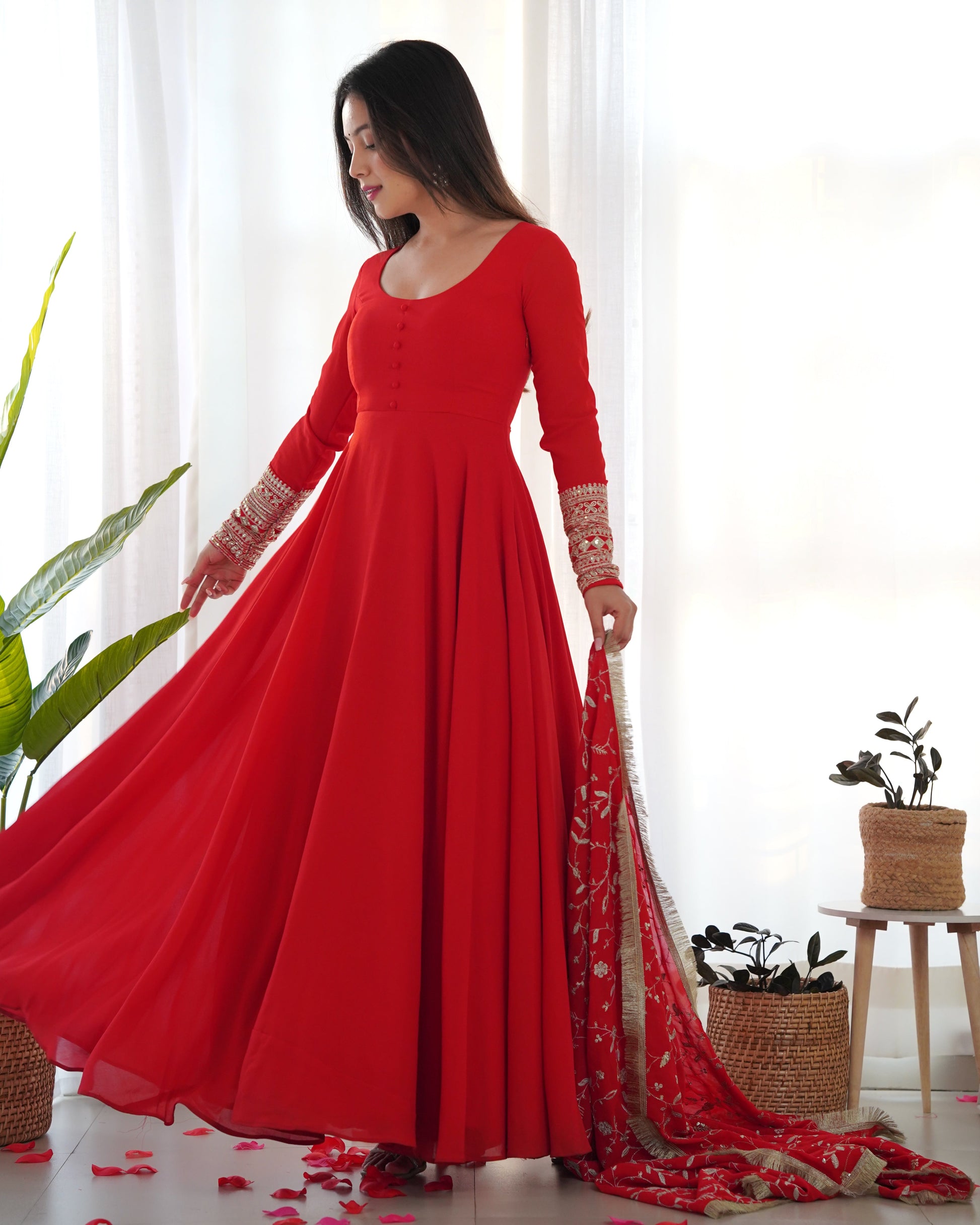 Lorenvalley Women Georgette Anarkali Gown Duppta Full Set With Pent Ready To Wear - Red 