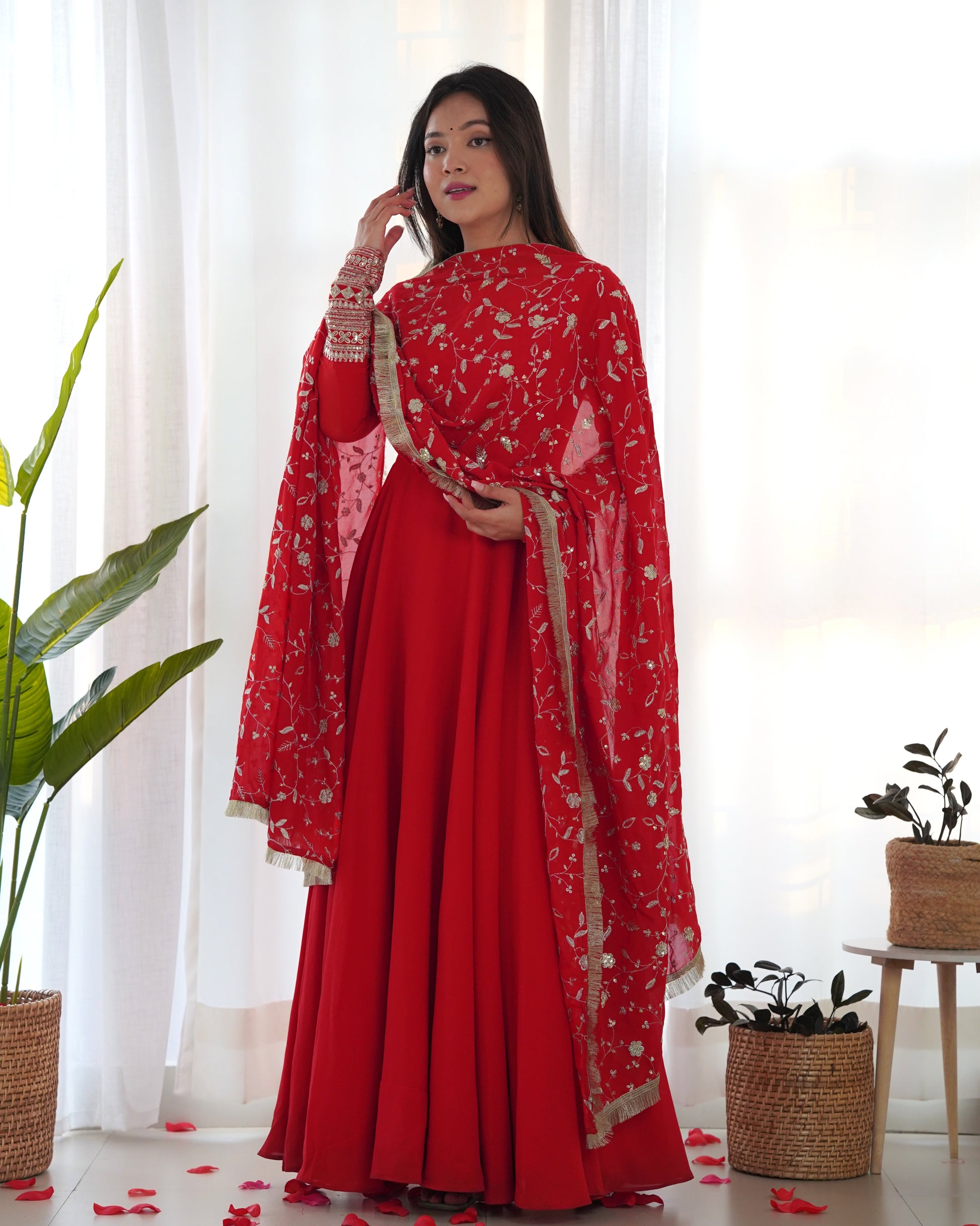 Lorenvalley Women Georgette Anarkali Gown Duppta Full Set With Pent Ready To Wear - Red 