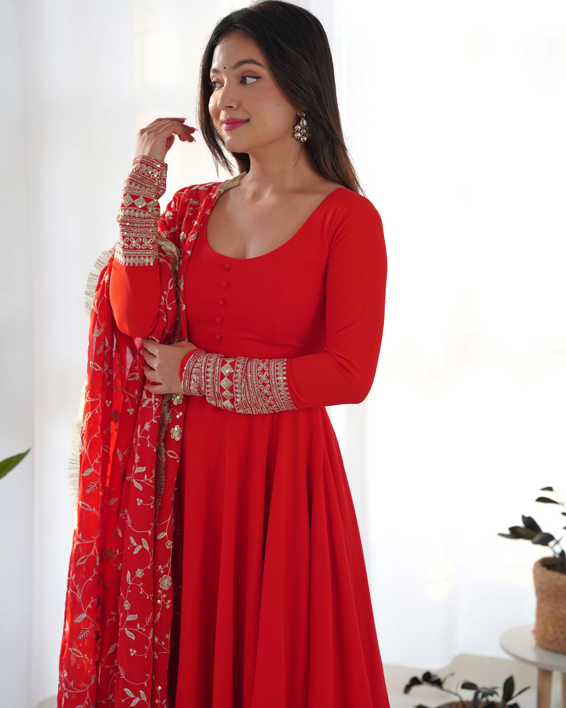 Lorenvalley Women Georgette Anarkali Gown Duppta Full Set With Pent Ready To Wear - Red 