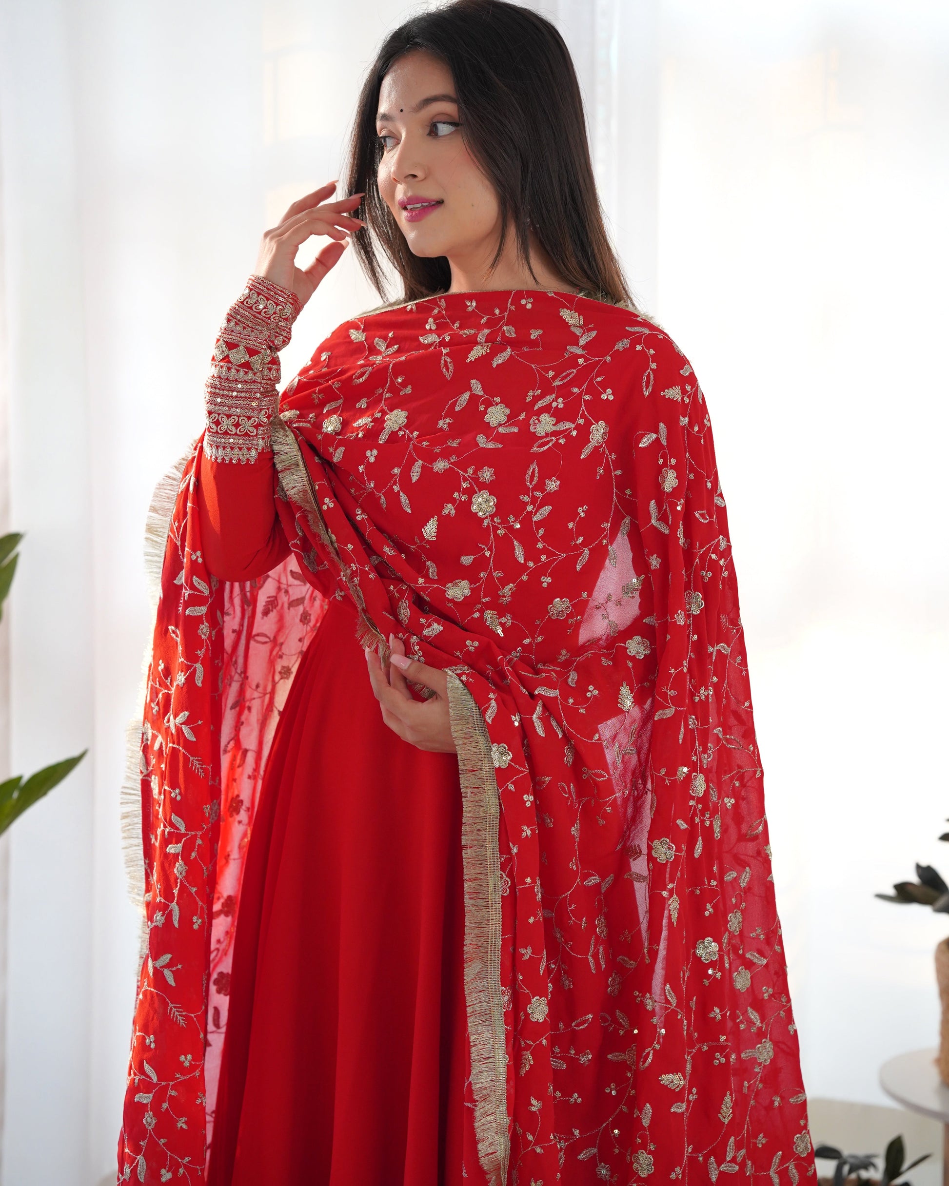 Lorenvalley Women Georgette Anarkali Gown Duppta Full Set With Pent Ready To Wear - Red 