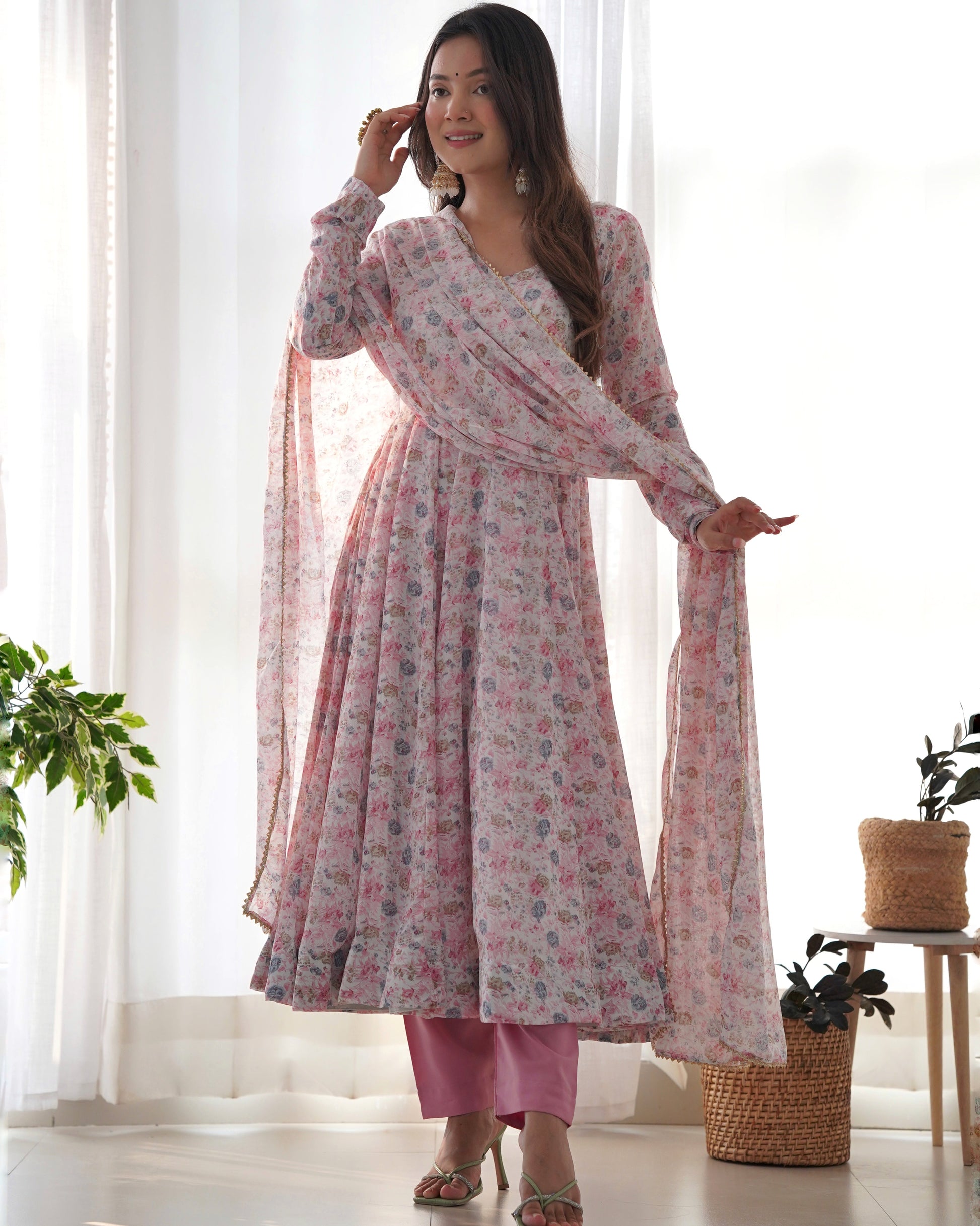 Lorenvalley Fashion Women Pure Orange Chiffon Floral Print Fully Flair Anarkali Kurta Pant With Dupatta Set - Pink 
