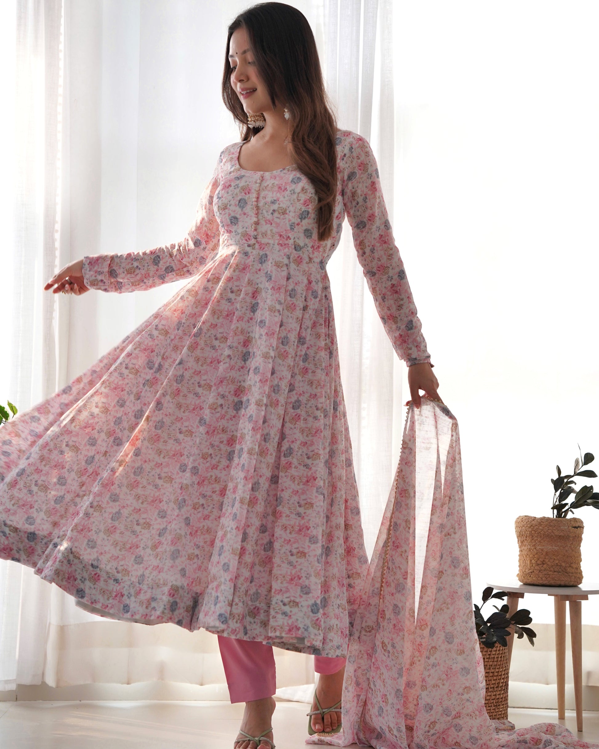 Lorenvalley Fashion Women Pure Orange Chiffon Floral Print Fully Flair Anarkali Kurta Pant With Dupatta Set - Pink 