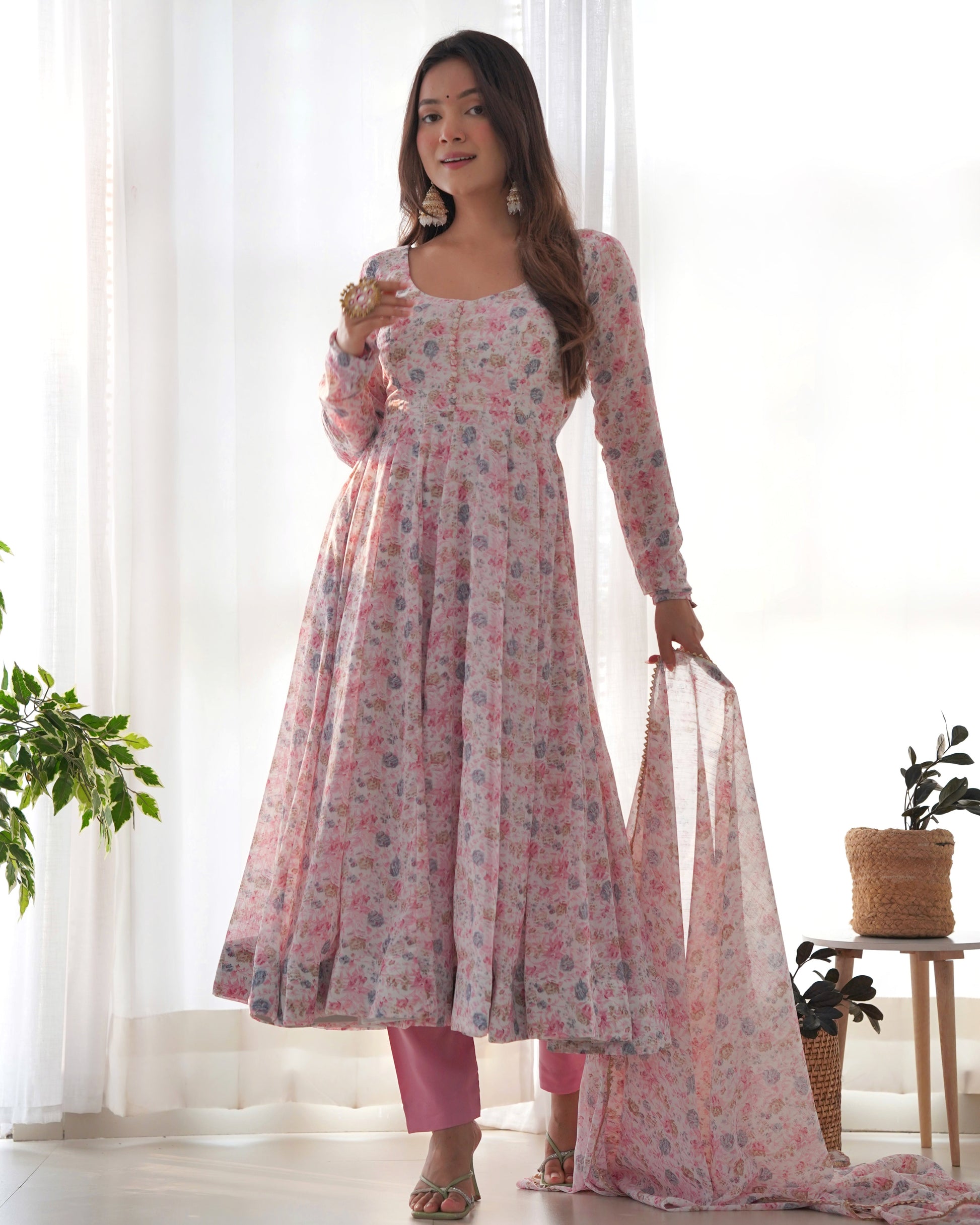 Lorenvalley Fashion Women Pure Orange Chiffon Floral Print Fully Flair Anarkali Kurta Pant With Dupatta Set - Pink 
