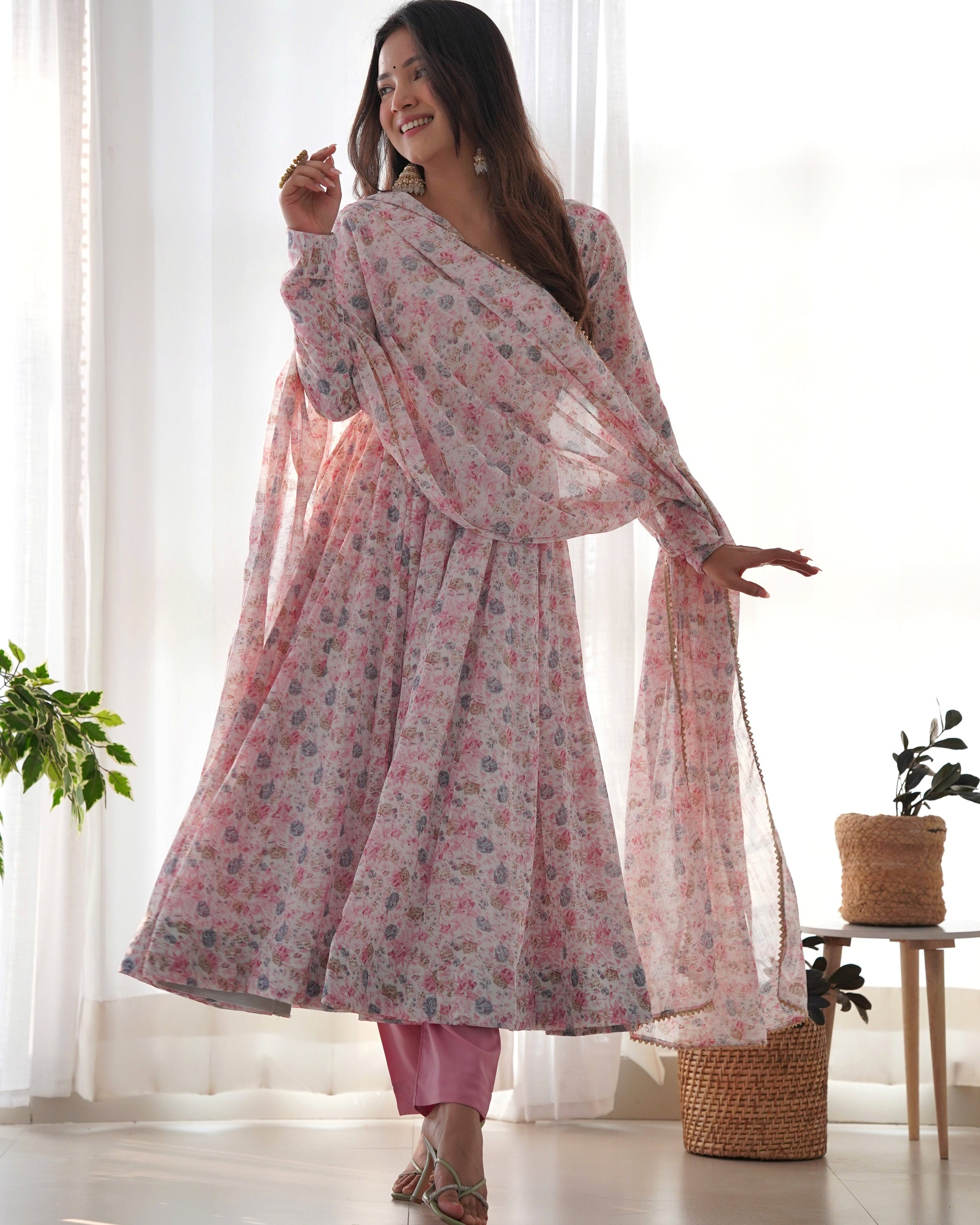 Lorenvalley Fashion Women Pure Orange Chiffon Floral Print Fully Flair Anarkali Kurta Pant With Dupatta Set - Pink 