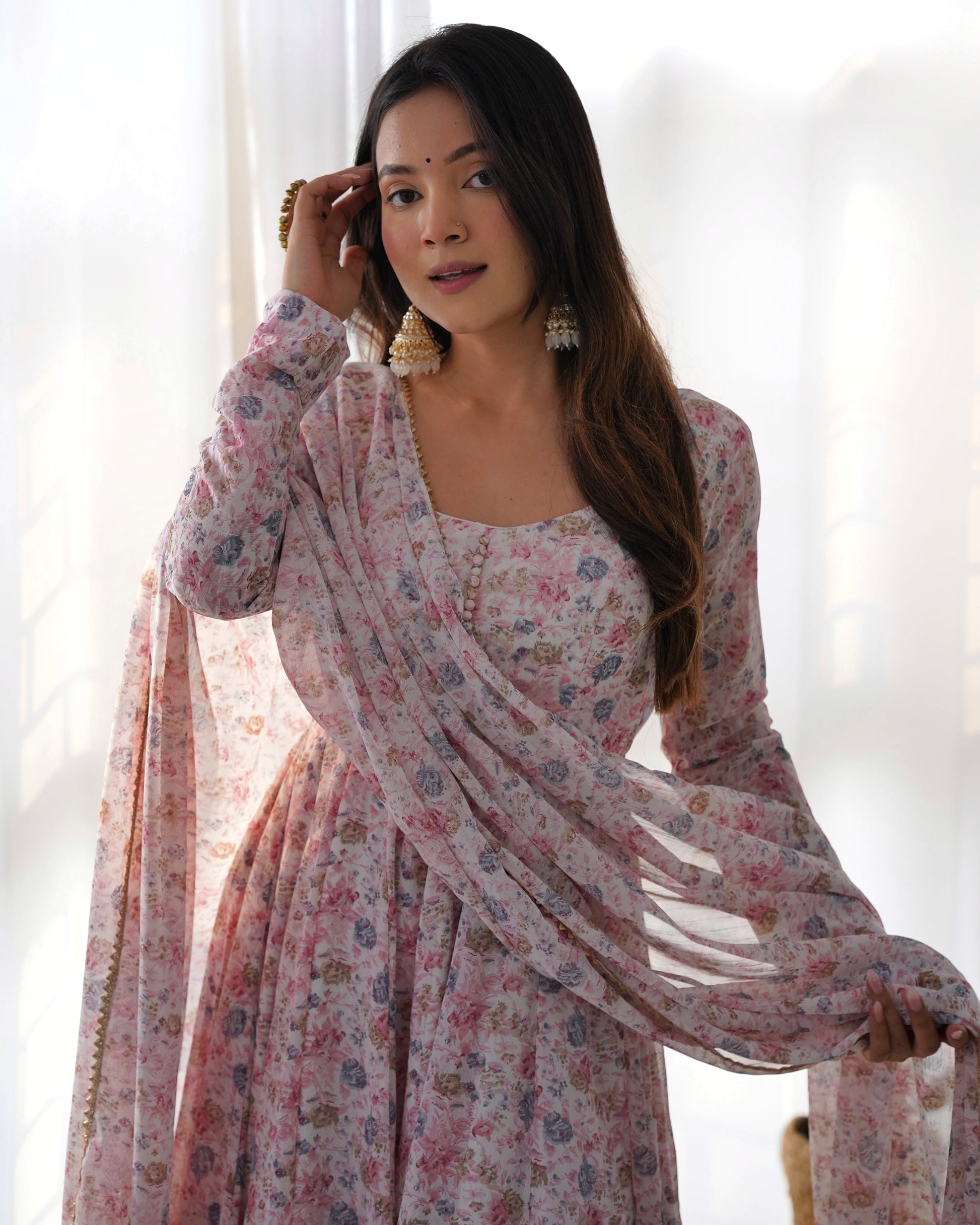 Lorenvalley Fashion Women Pure Orange Chiffon Floral Print Fully Flair Anarkali Kurta Pant With Dupatta Set - Pink 