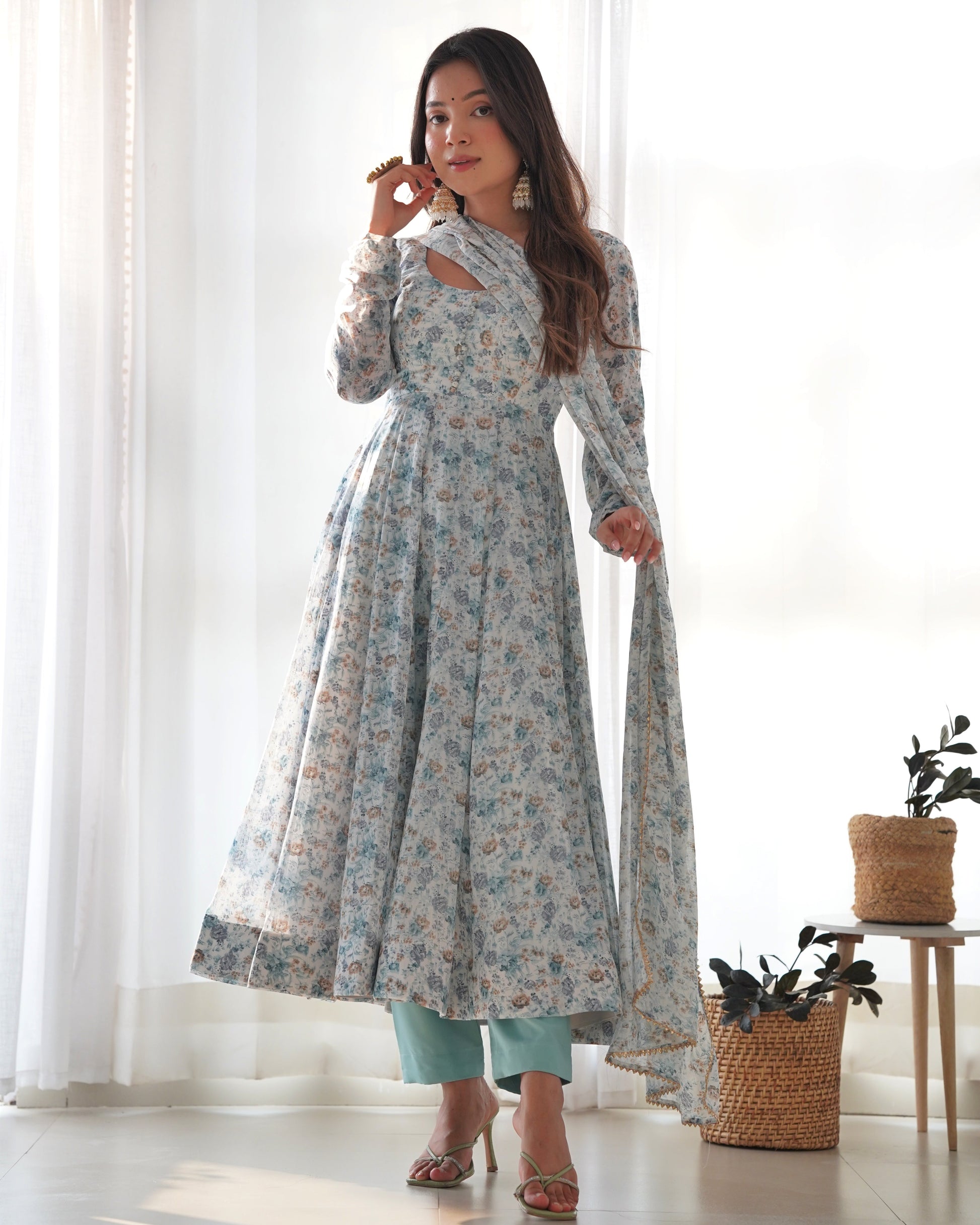 Lorenvalley Fashion Women Pure Orange Chiffon Floral Print Fully Flair Anarkali Kurta Pant With Dupatta Set - Skyblue 