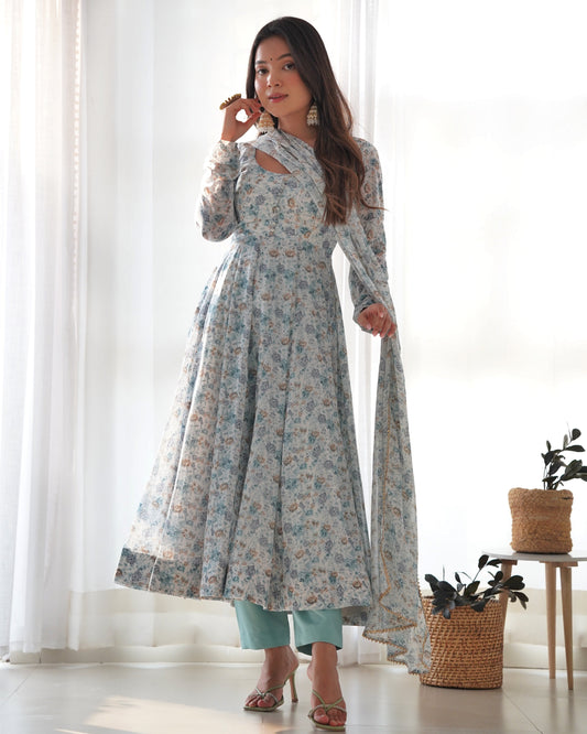 Lorenvalley Fashion Women Pure Orange Chiffon Floral Print Fully Flair Anarkali Kurta Pant With Dupatta Set - Skyblue 