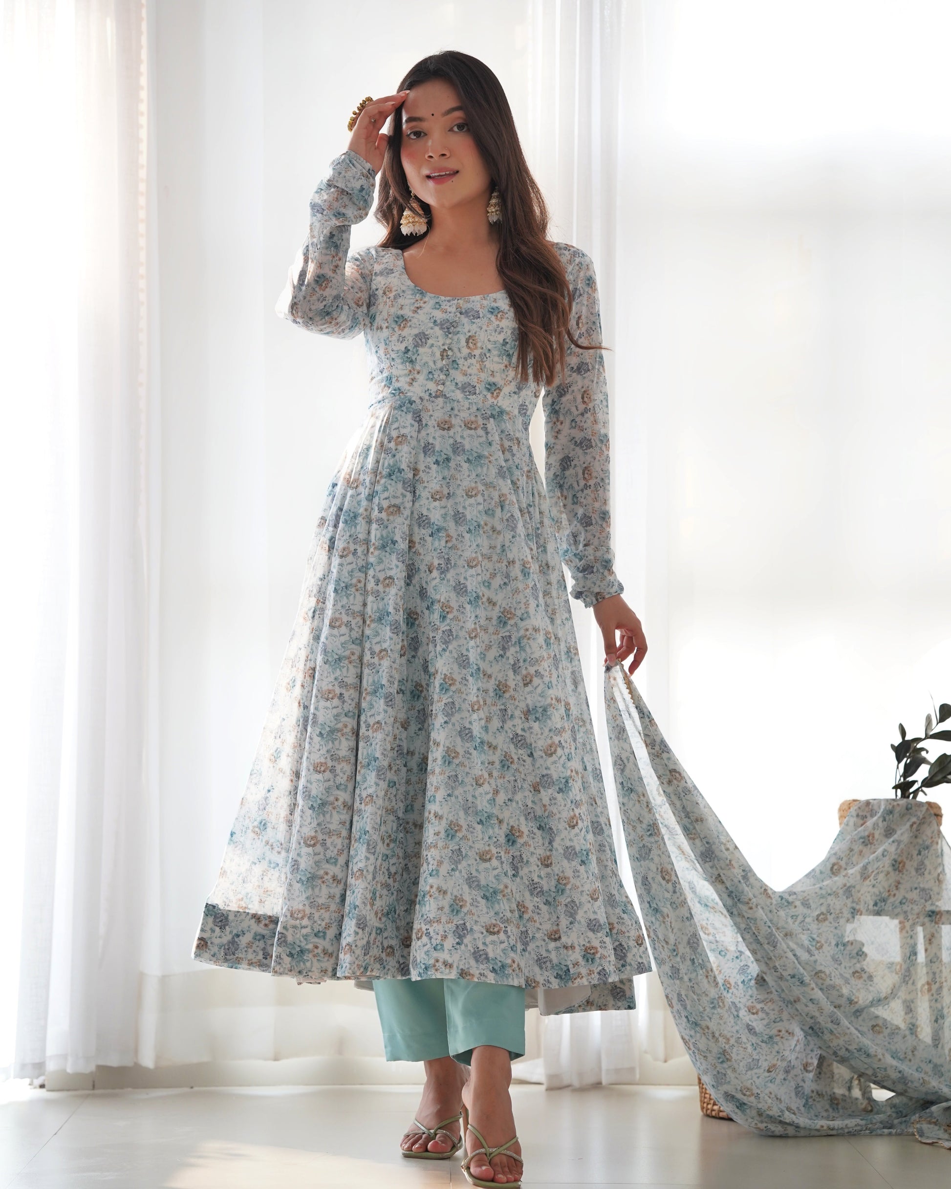 Lorenvalley Fashion Women Pure Orange Chiffon Floral Print Fully Flair Anarkali Kurta Pant With Dupatta Set - Skyblue 