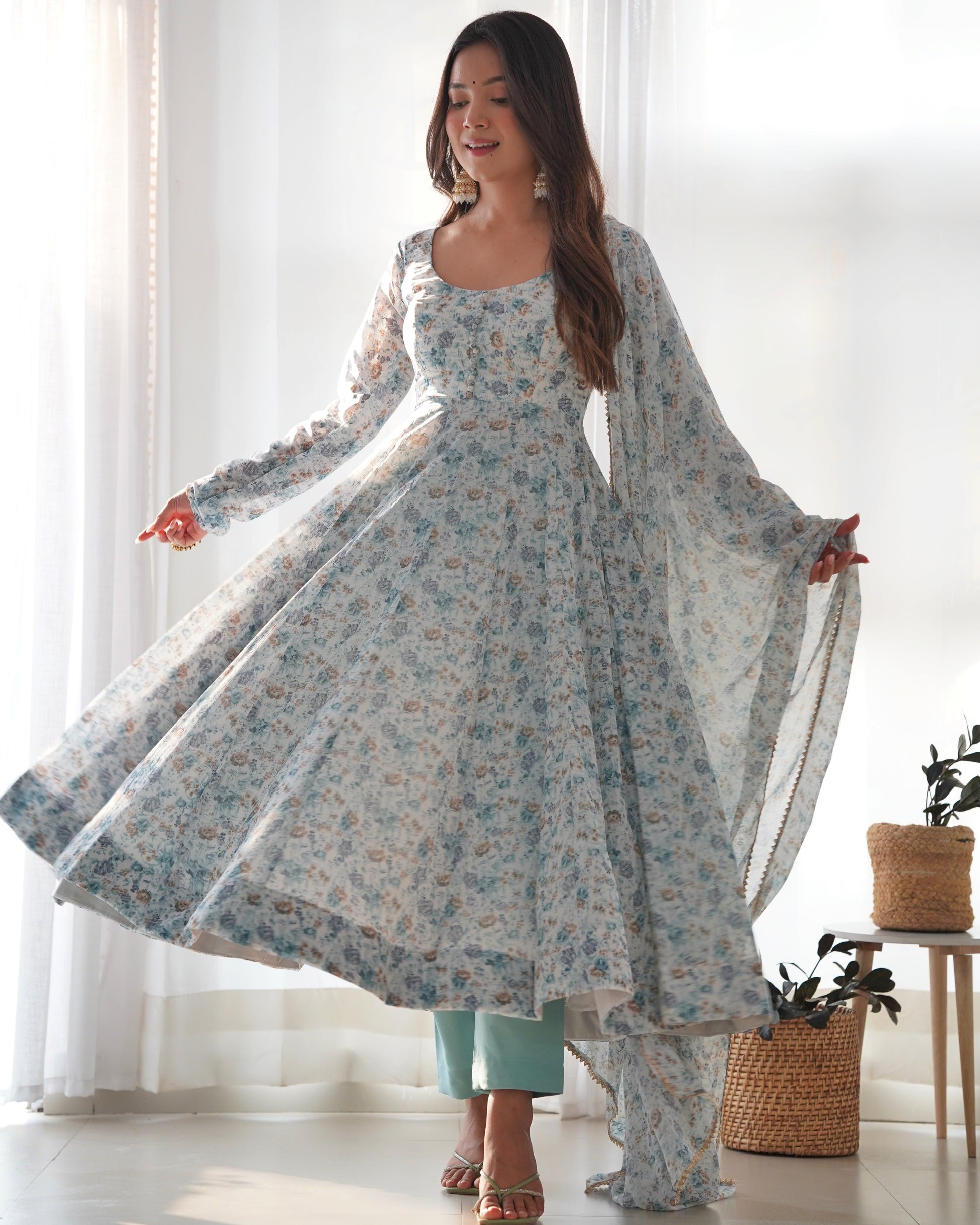 Lorenvalley Fashion Women Pure Orange Chiffon Floral Print Fully Flair Anarkali Kurta Pant With Dupatta Set - Skyblue 